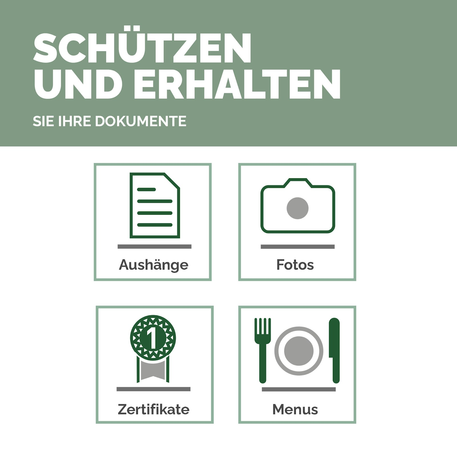 Schützen und Erhalten: Symbole für Aushänge, Fotos, Zertifikate, Menus.