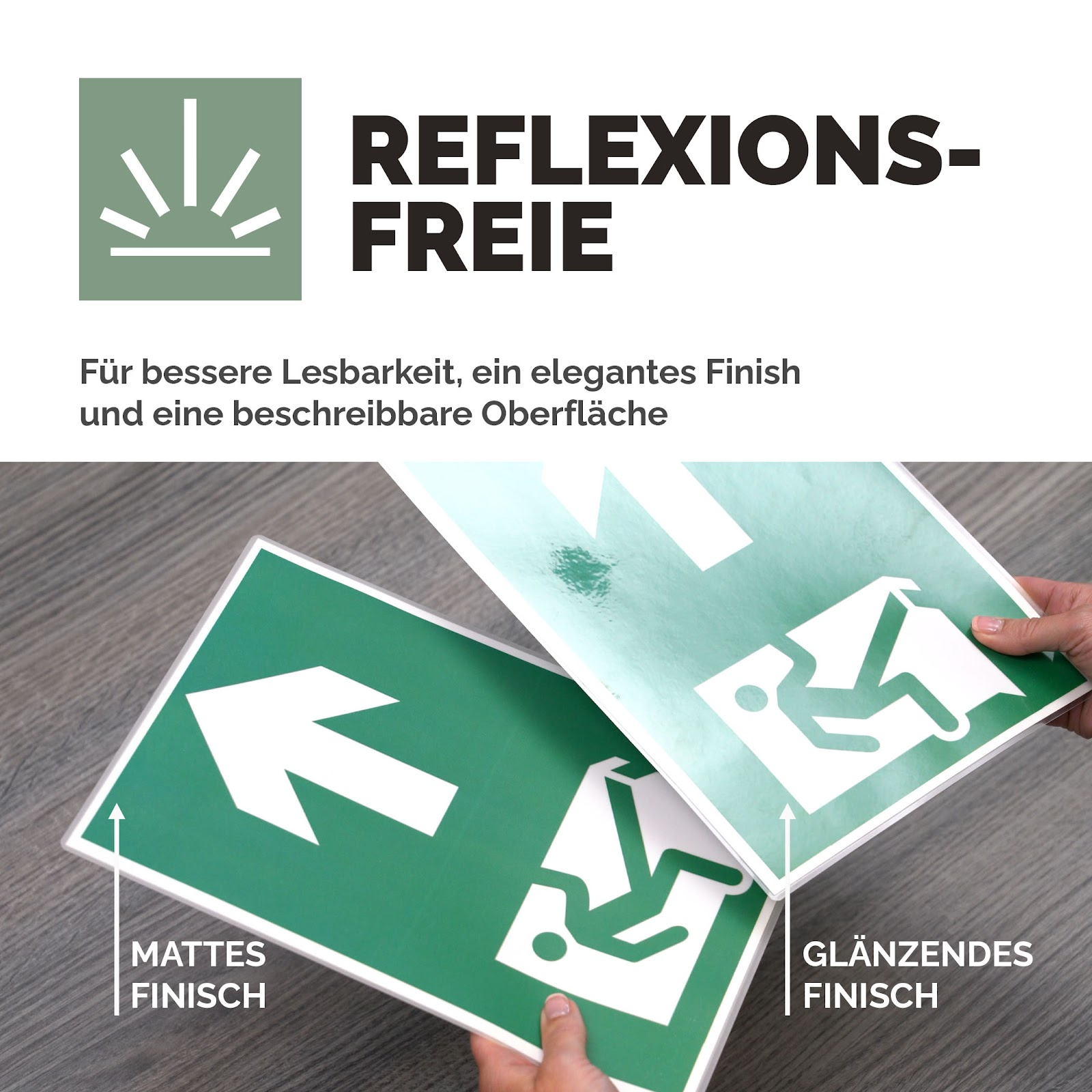 Zwei grüne Schilder. Eines mit Pfeil, das andere mit Sturz-Symbol. Matte und glänzende Oberfläche.