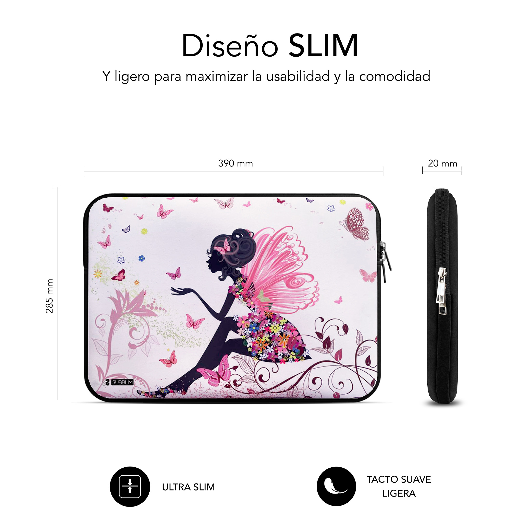 Custodia nera per laptop con design fata e farfalle, 390x285x20 mm.