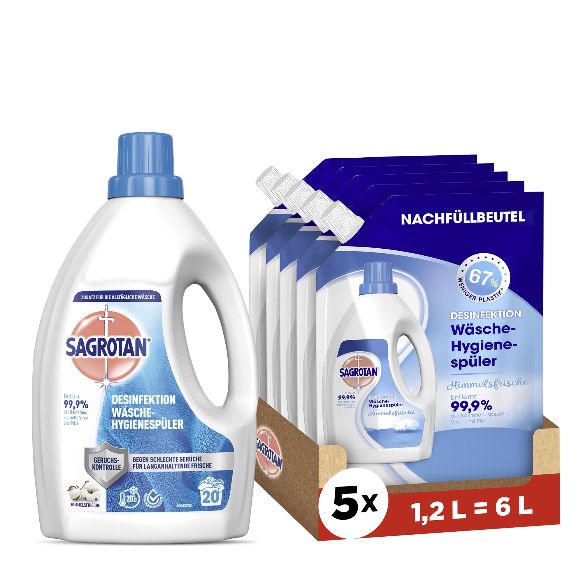 Sagrotan Wäsche-Hygienespüler: 1 Flasche und 5 Nachfüllbeutel, 1,2 L = 6 L.