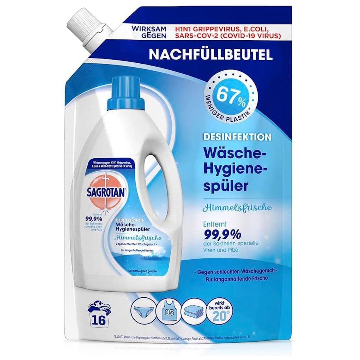 Sagrotan Wäsche-Hygienespüler Nachfüllbeutel mit 67% weniger Plastik.