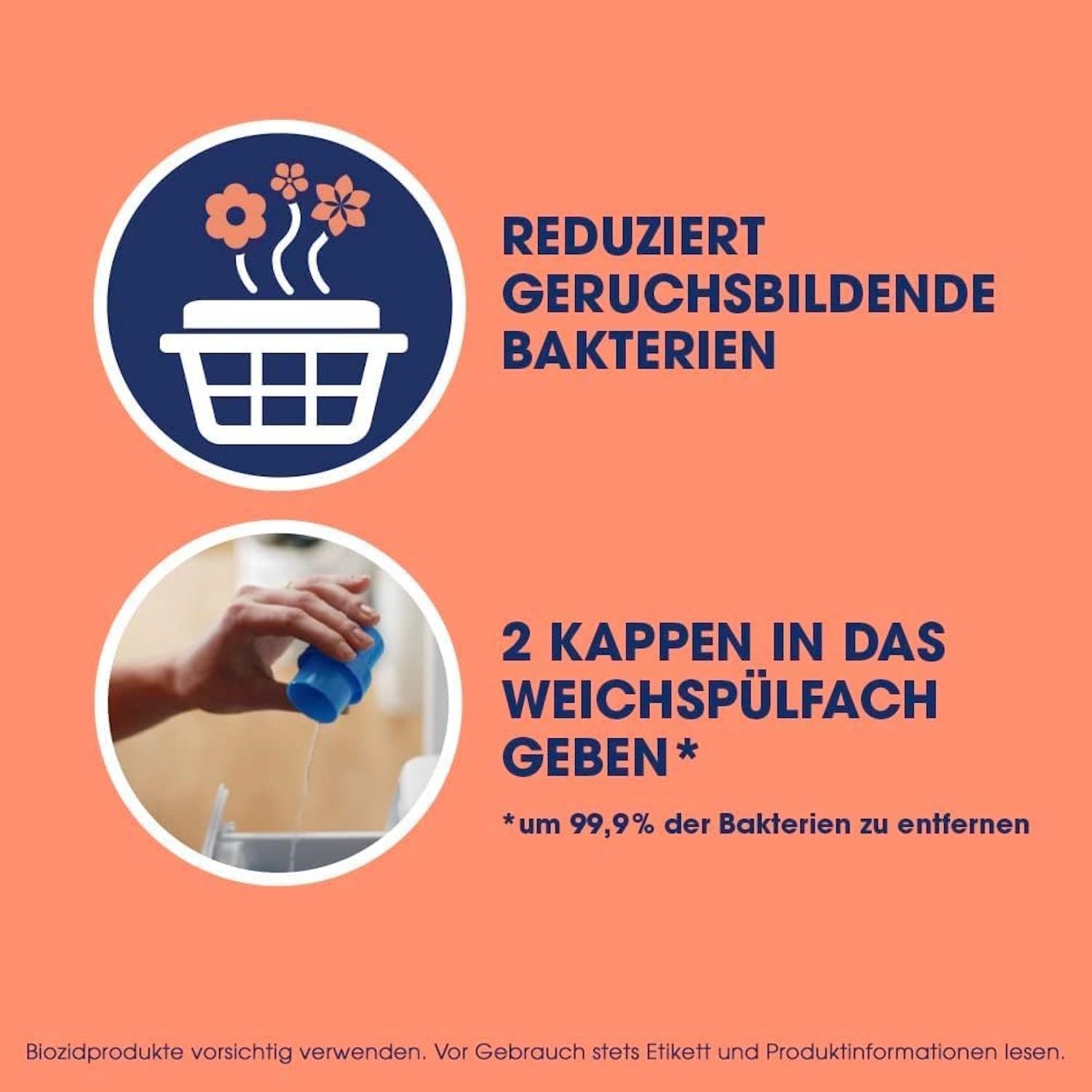 Ein Korb mit Blumen und Text. Eine Hand gießt Flüssigkeit ein.