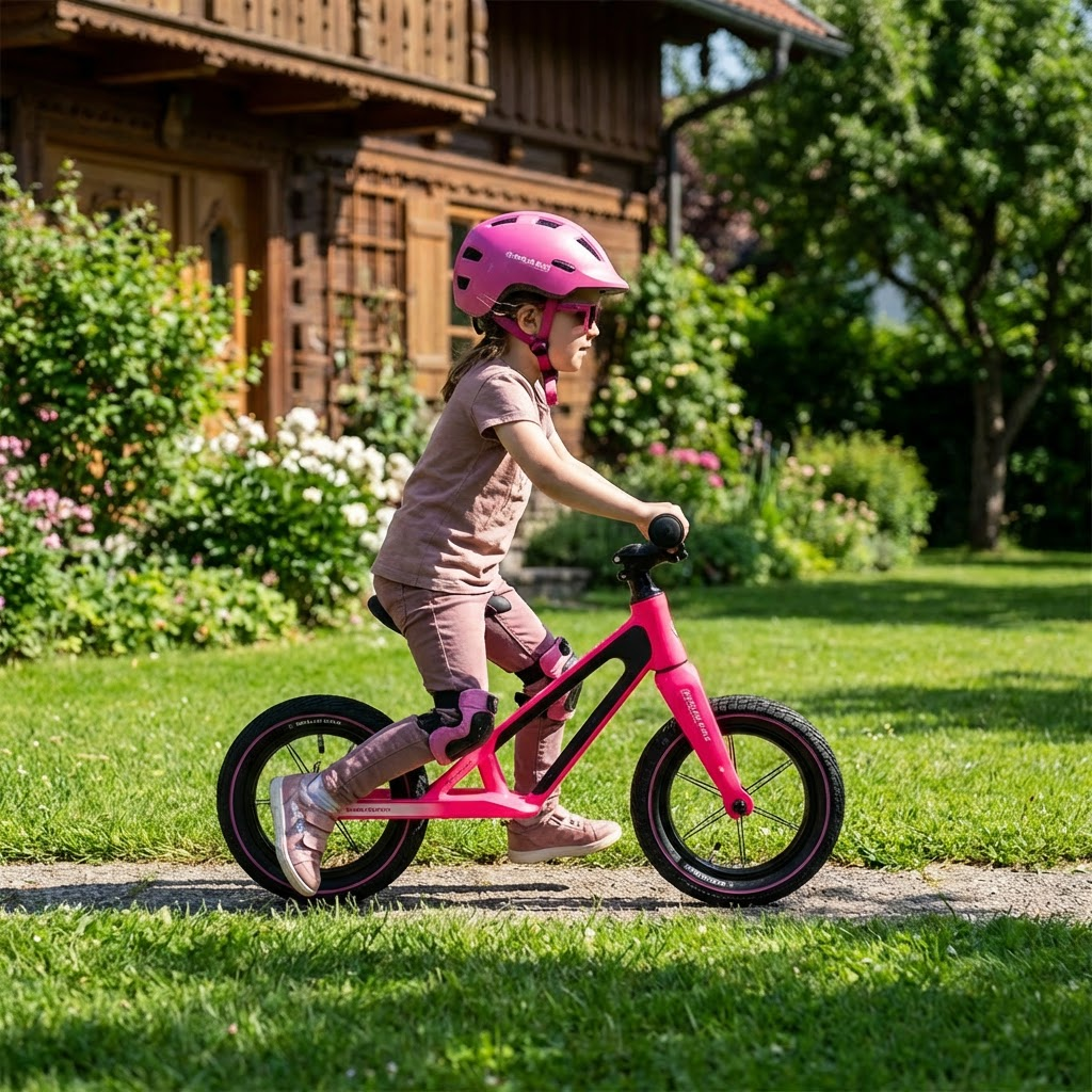 Mädchen mit Helm fährt pinkes Laufrad in einem Garten vor einem Holzhaus.