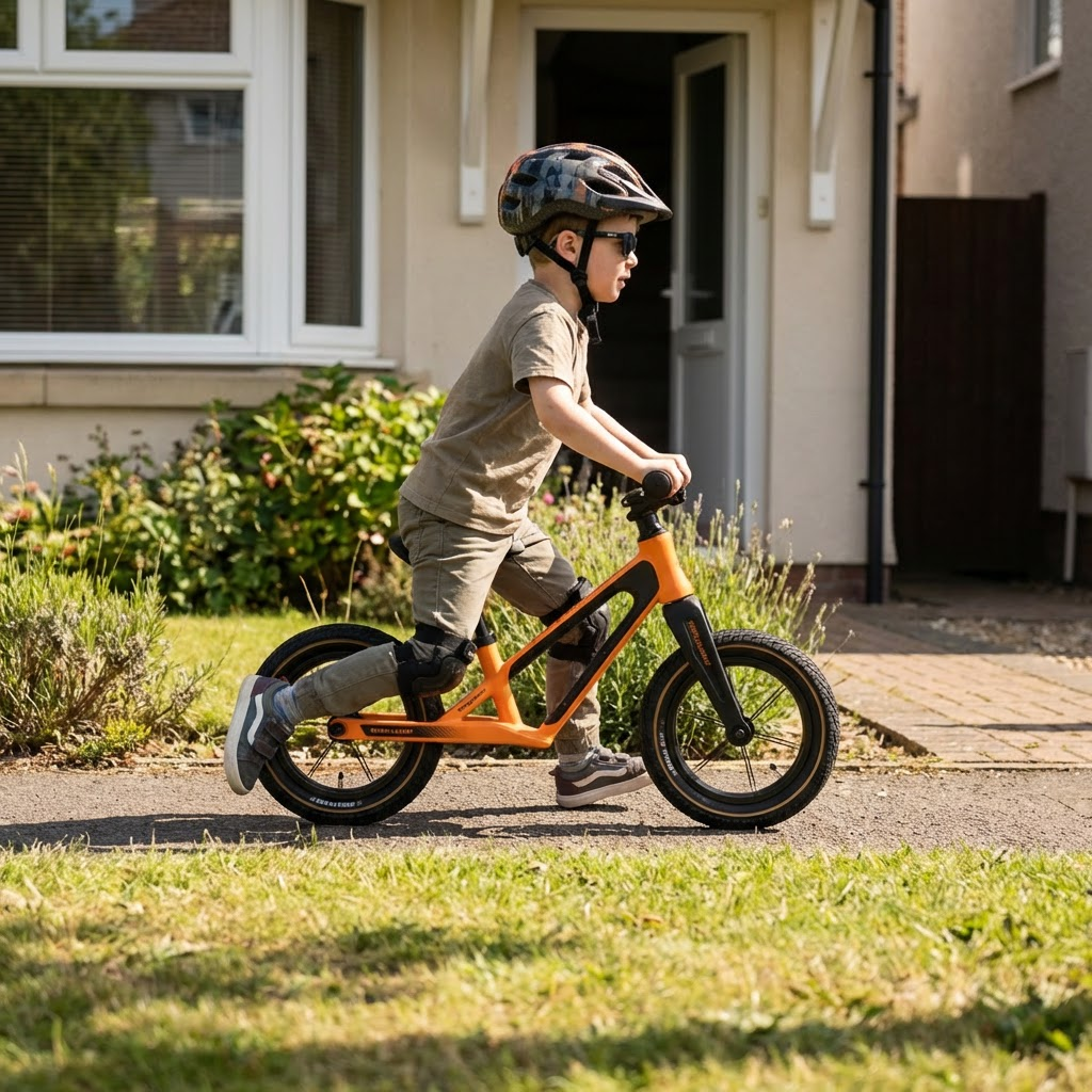 Ein Junge fährt ein orangefarbenes Laufrad auf einem Gehweg vor einem Haus.