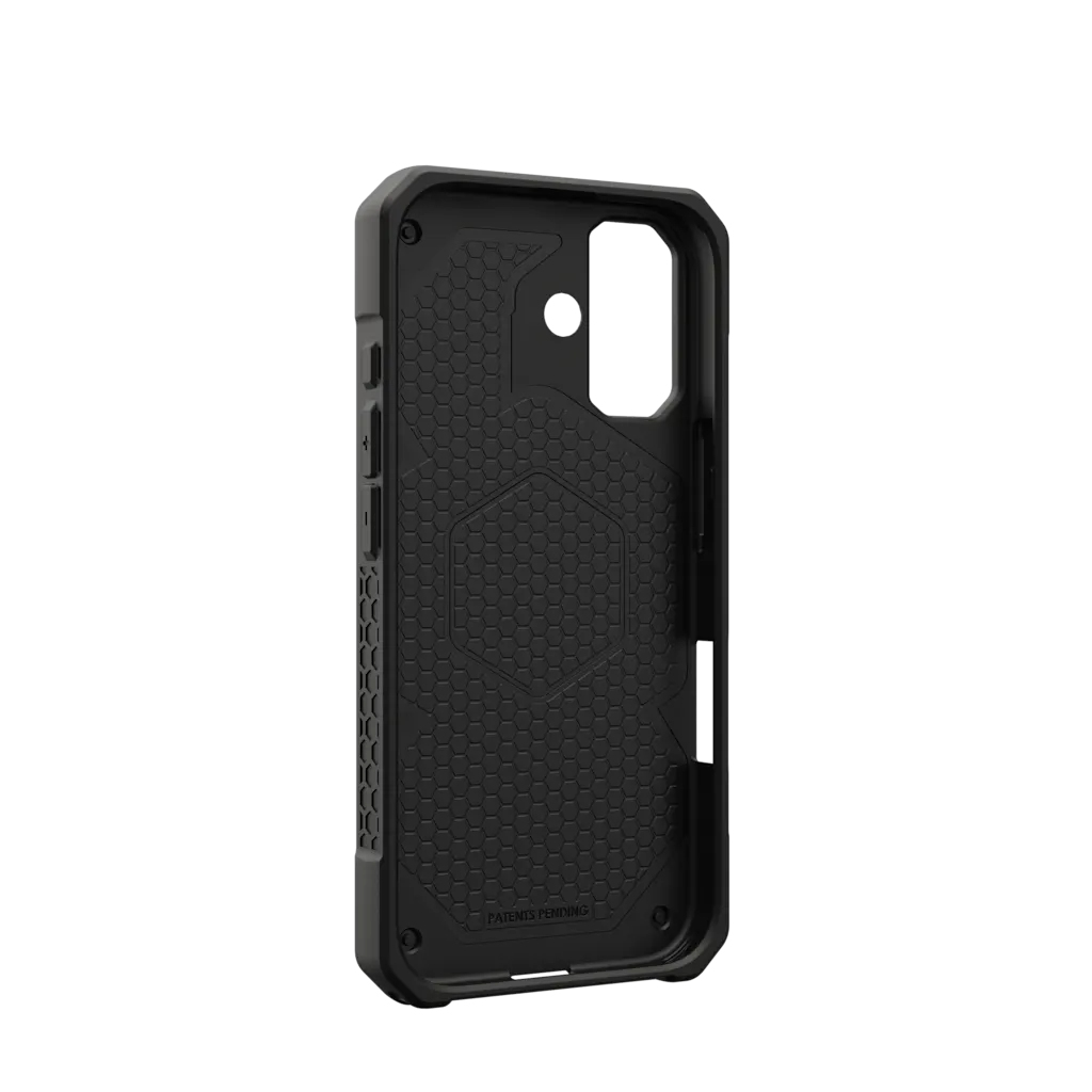 Zwarte telefoonhoes met honingraatpatroon en camerauitsparing.