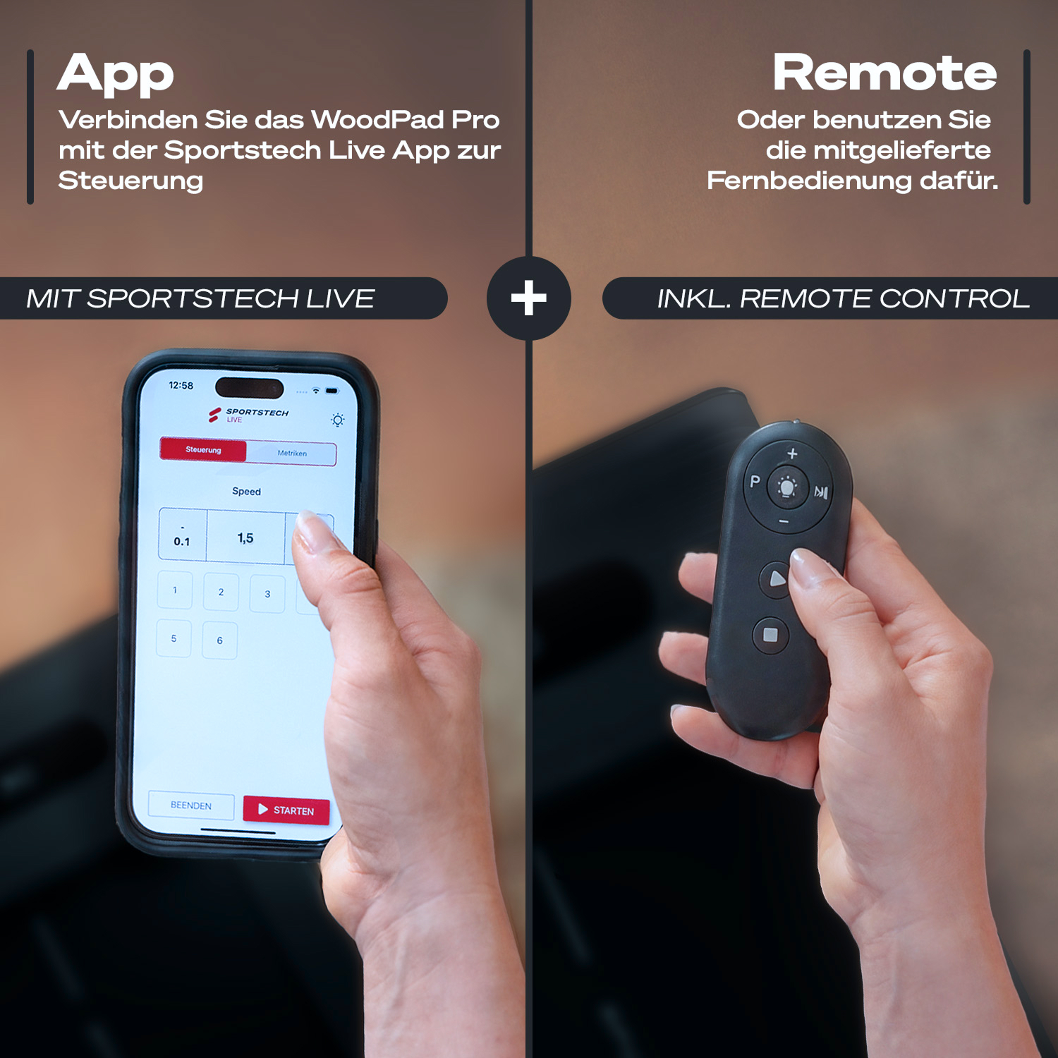 App und Fernbedienung für WoodPad Pro. Eine Hand hält Smartphone, die andere Fernbedienung.