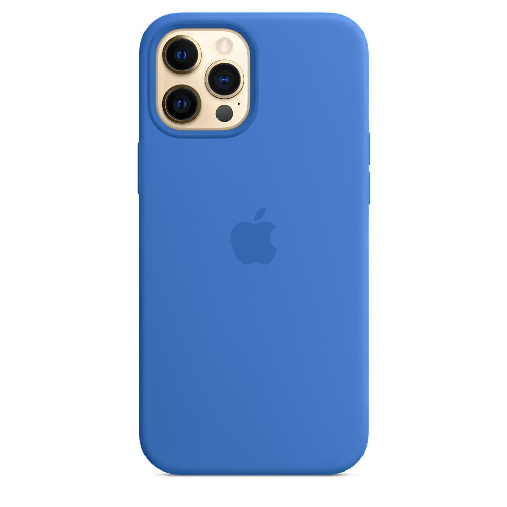Custodia blu per telefono con logo Apple e apertura tripla fotocamera.