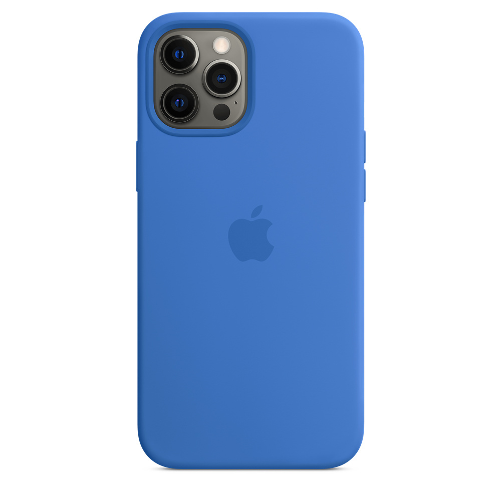 Custodia blu per iPhone con logo Apple e tripla fotocamera.