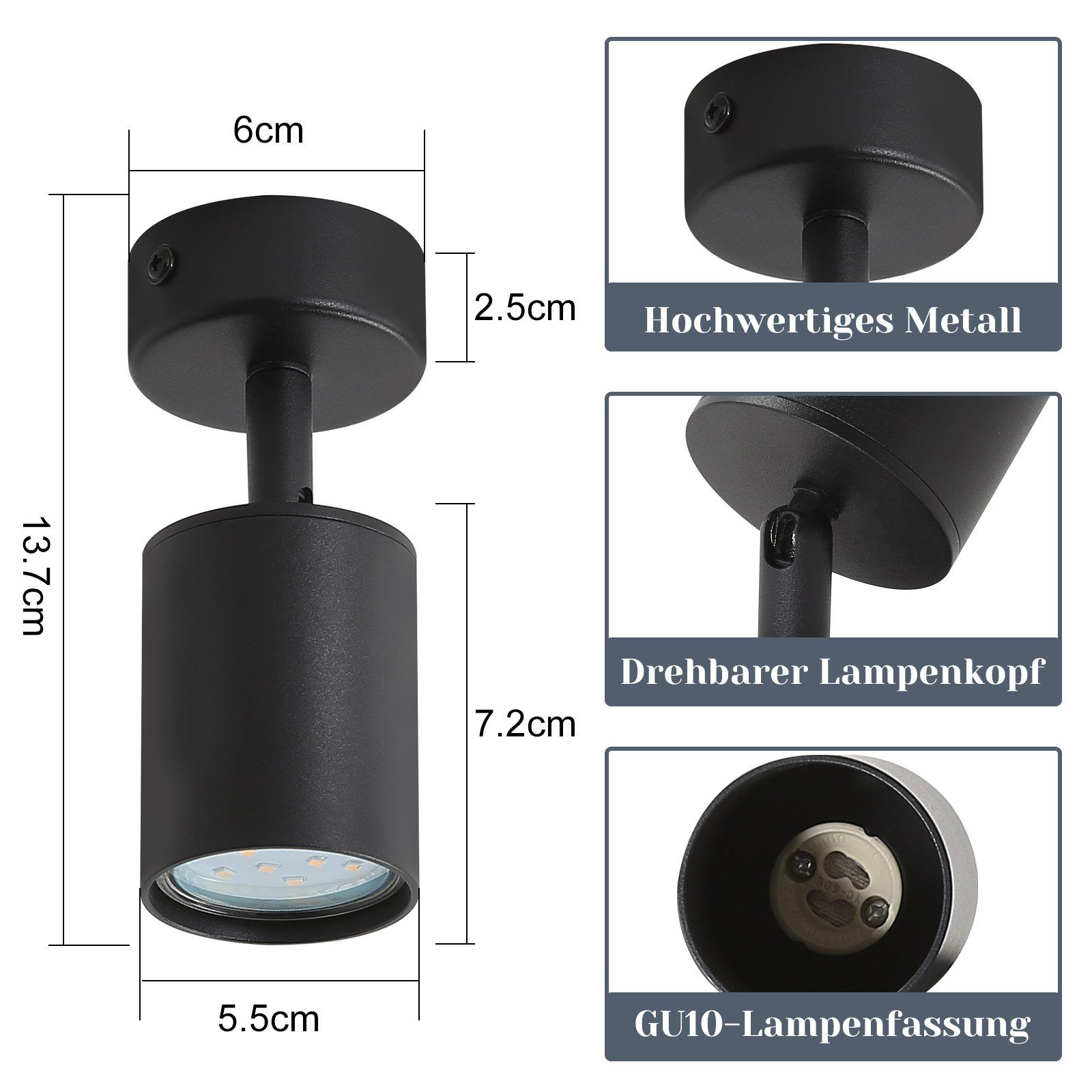 Lampada nera con dimensioni: 13,7 cm A, 6 cm L, 5,5 cm P. Testa lampada girevole.