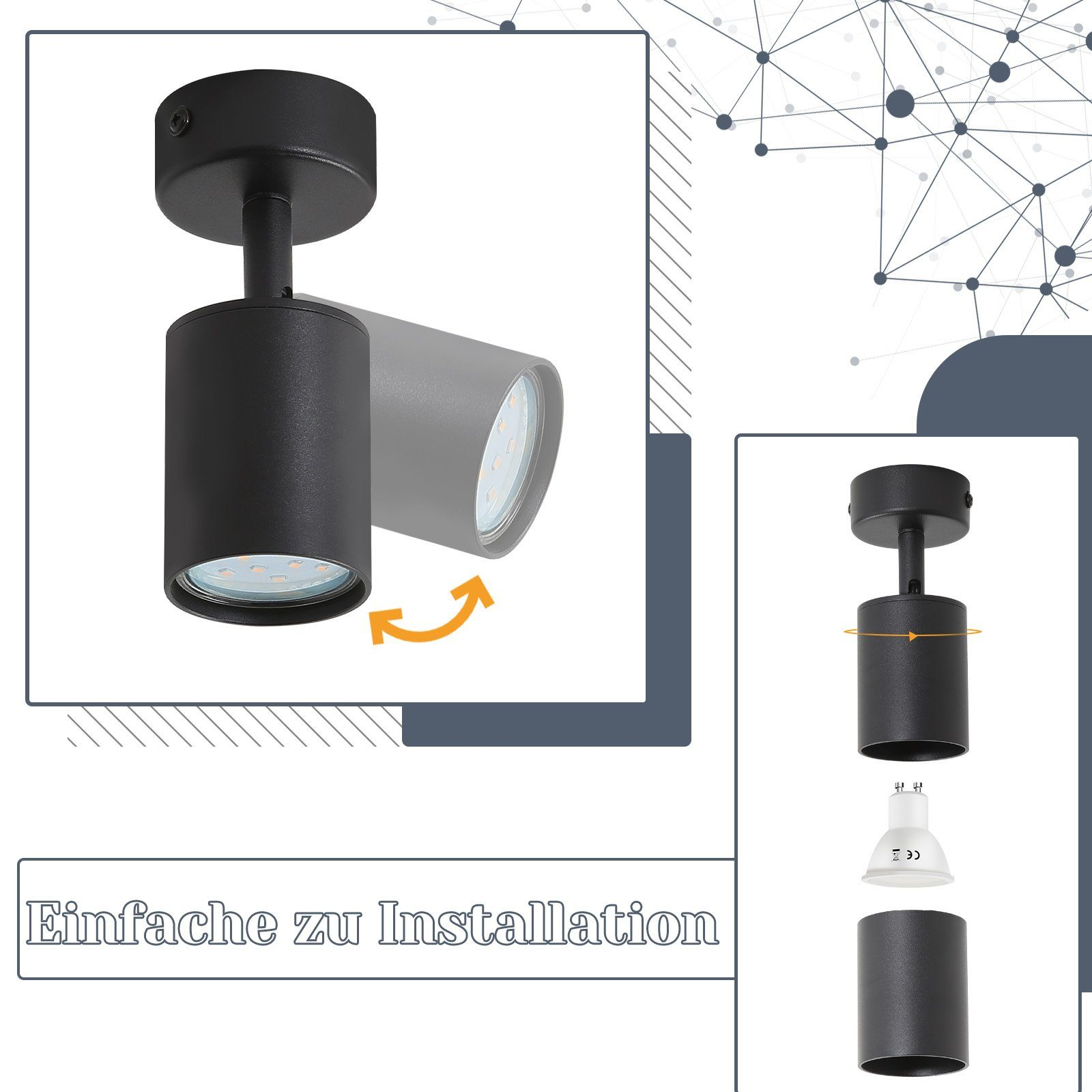 Testa di lampada cilindrica nera con luci LED e istruzioni di installazione.