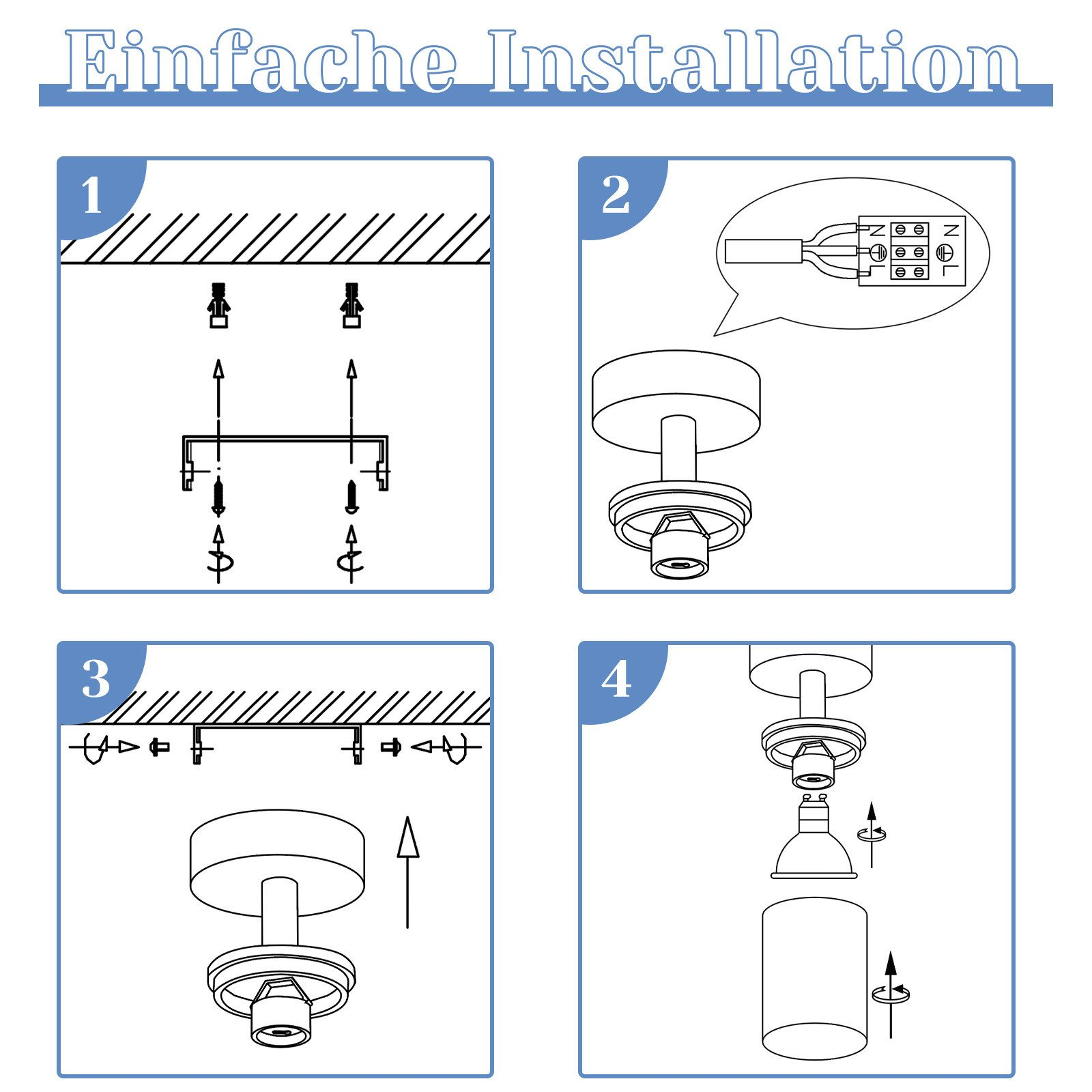 Passo 1: Fissare la staffa al soffitto. Passo 2: Collegare i fili. Passo 3: Montare il lampadario alla staffa. Passo 4: Fissare il paralume.