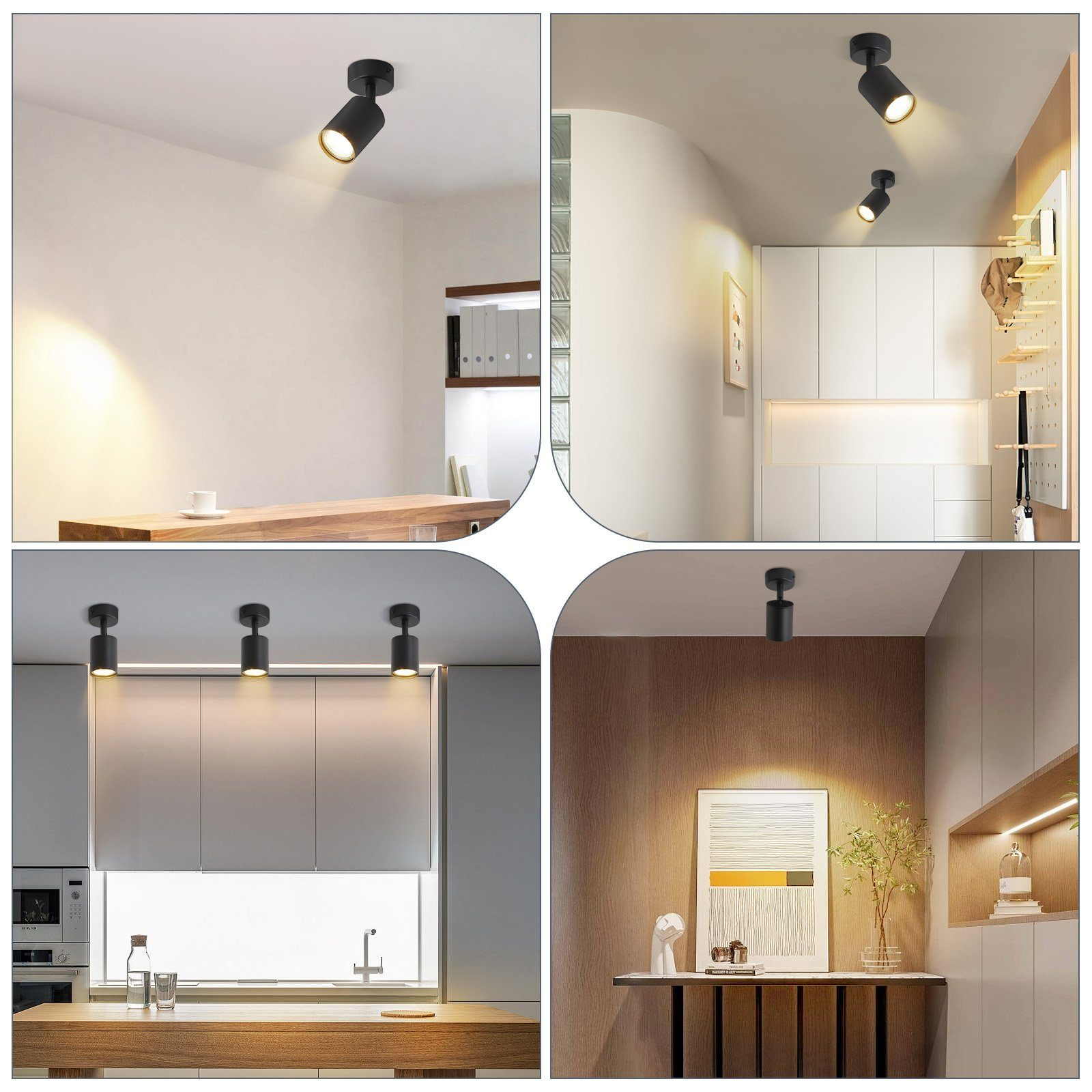 Quattro scene mostrano faretti da soffitto neri in stanze moderne.