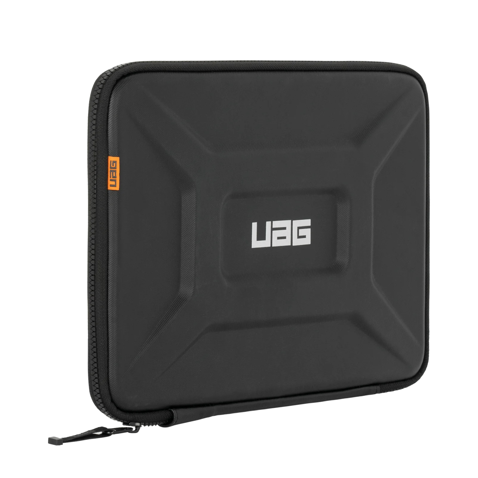 Schwarze Schutzhülle mit UAG-Logo und Reißverschluss.