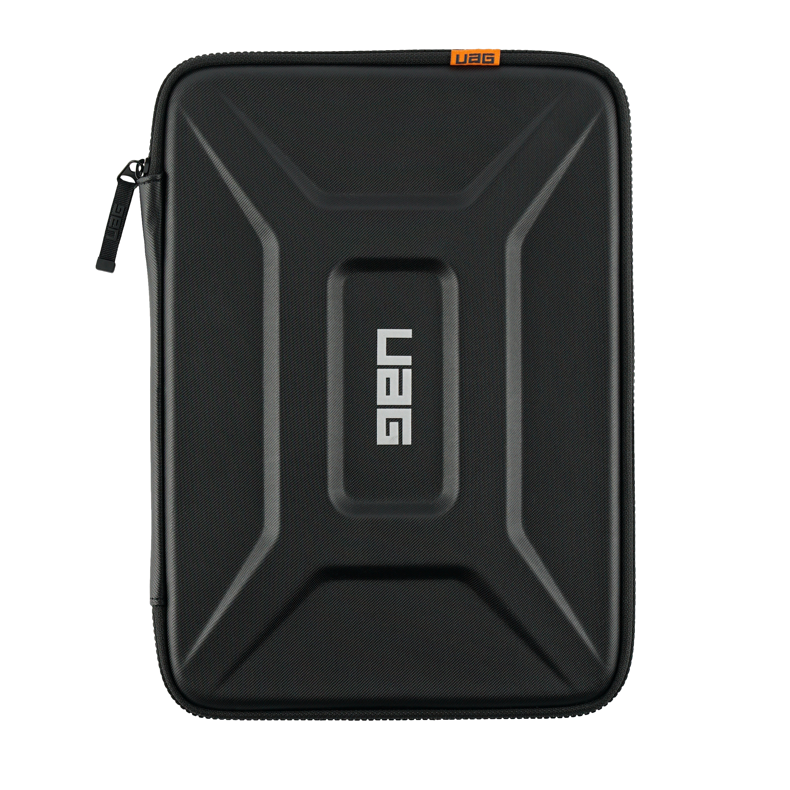 Schwarze UAG-Tasche mit Reißverschluss und orangefarbenem Logo.