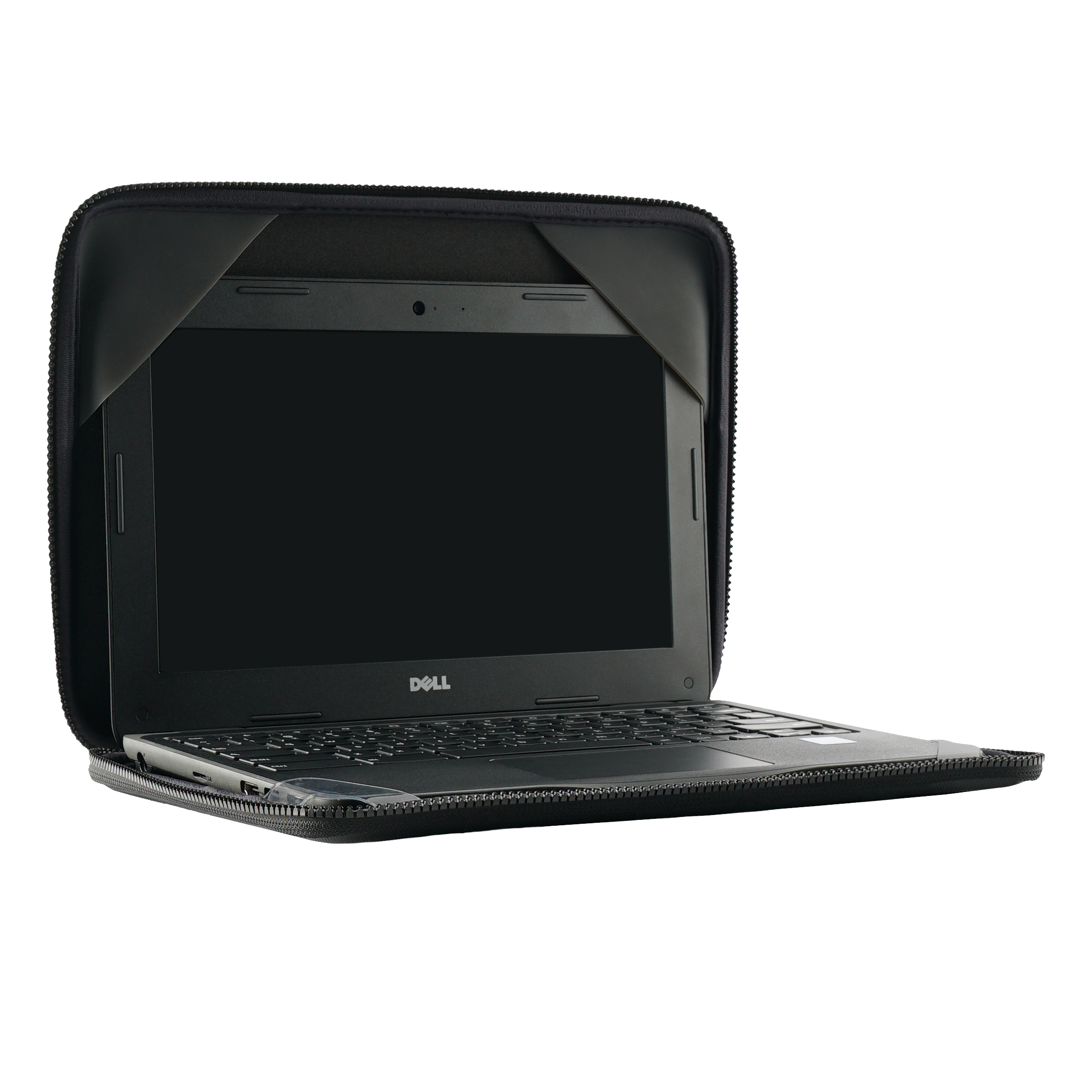 Ein schwarzer Dell Laptop in einer schwarzen Hülle.