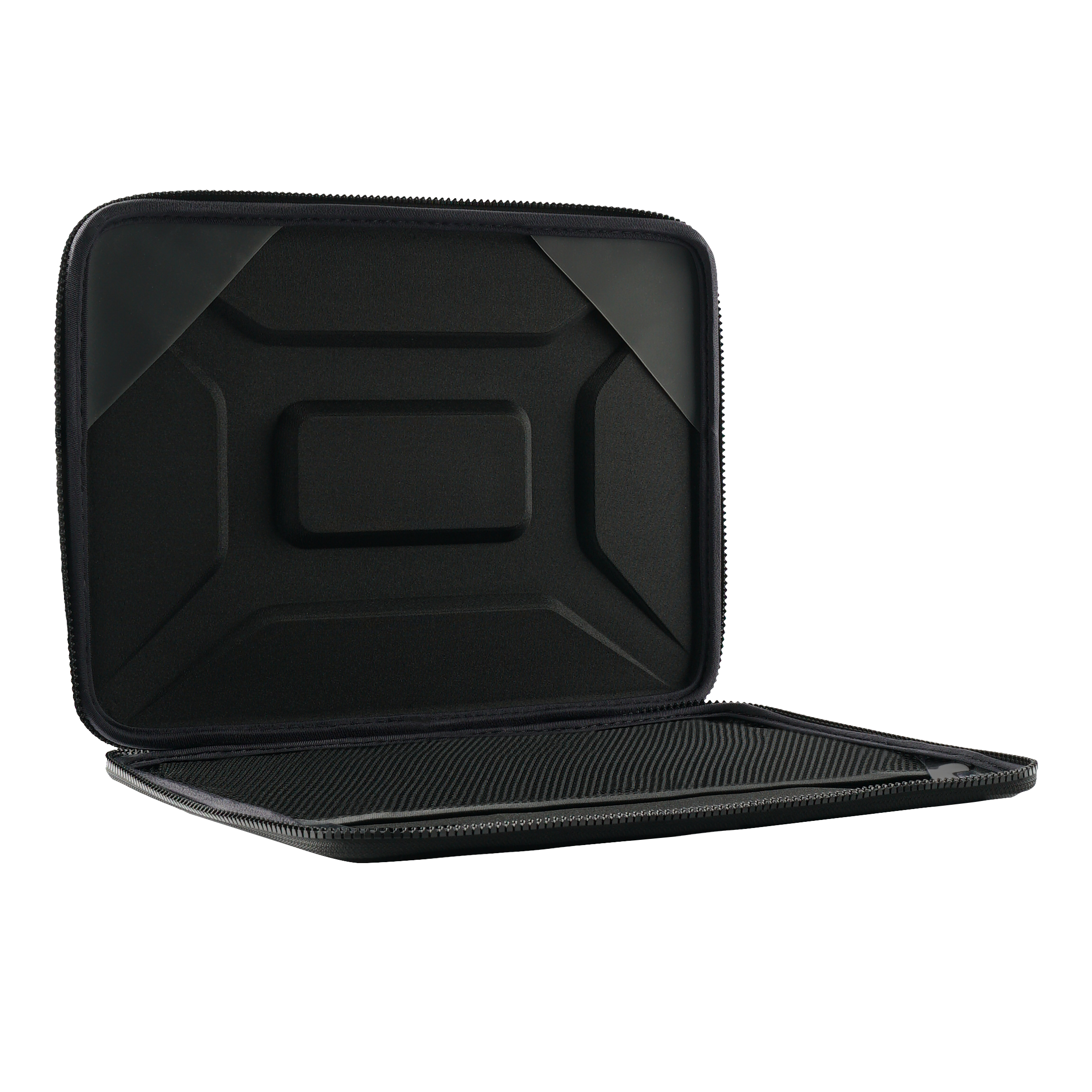 Eine offene schwarze Laptoptasche mit Reißverschluss und gepolstertem Inneren.