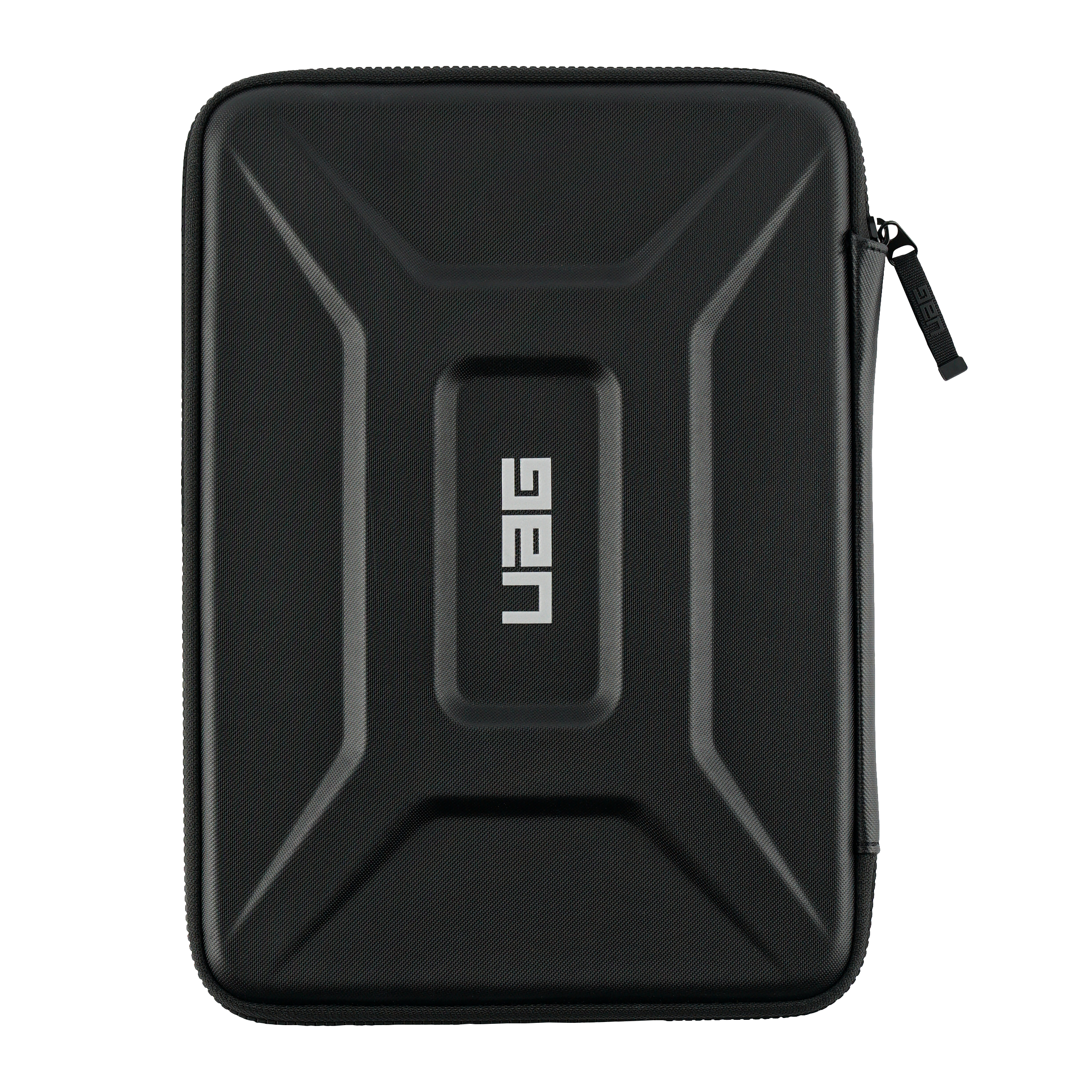 Schwarze, harte Hülle mit UAG-Logo und Reißverschluss.