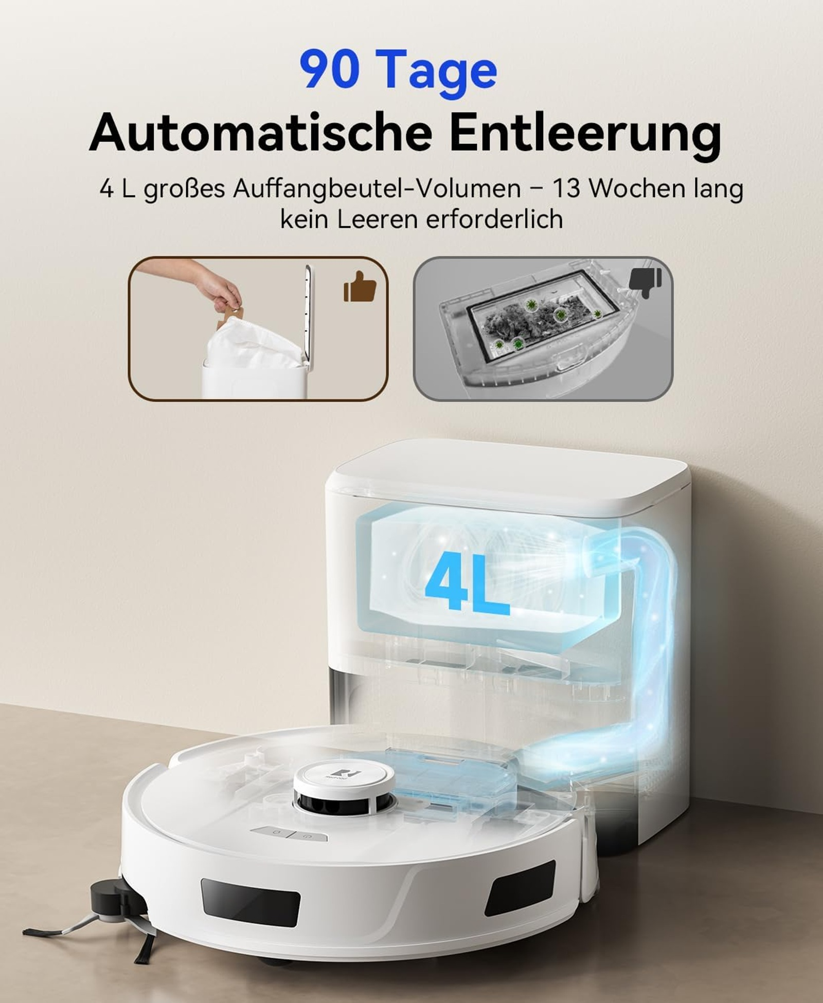 Ein weißer Saugroboter mit einer Ladestation, die Staub sammelt.