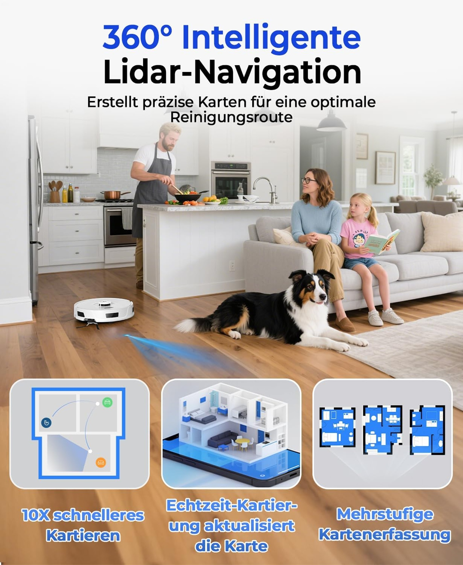 360° intelligente Lidar-Navigation mit Karten für schnelle Reinigung.