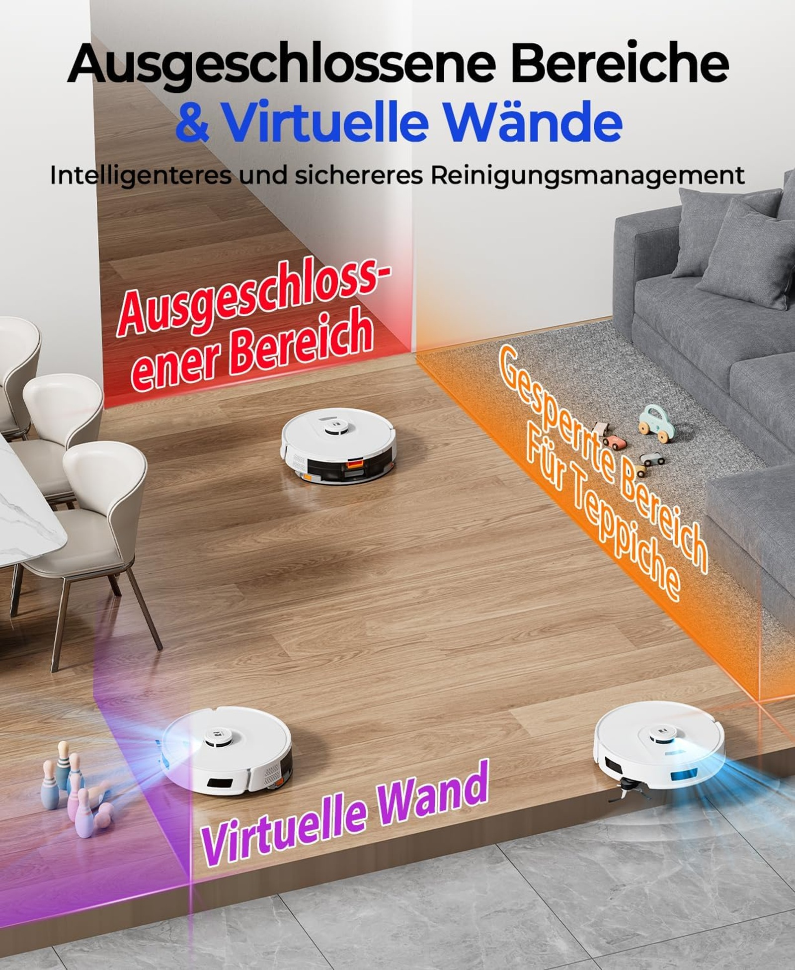 Roboterstaubsauger mit virtuellen Wänden und ausgeschlossenen Bereichen in einem Wohnbereich.