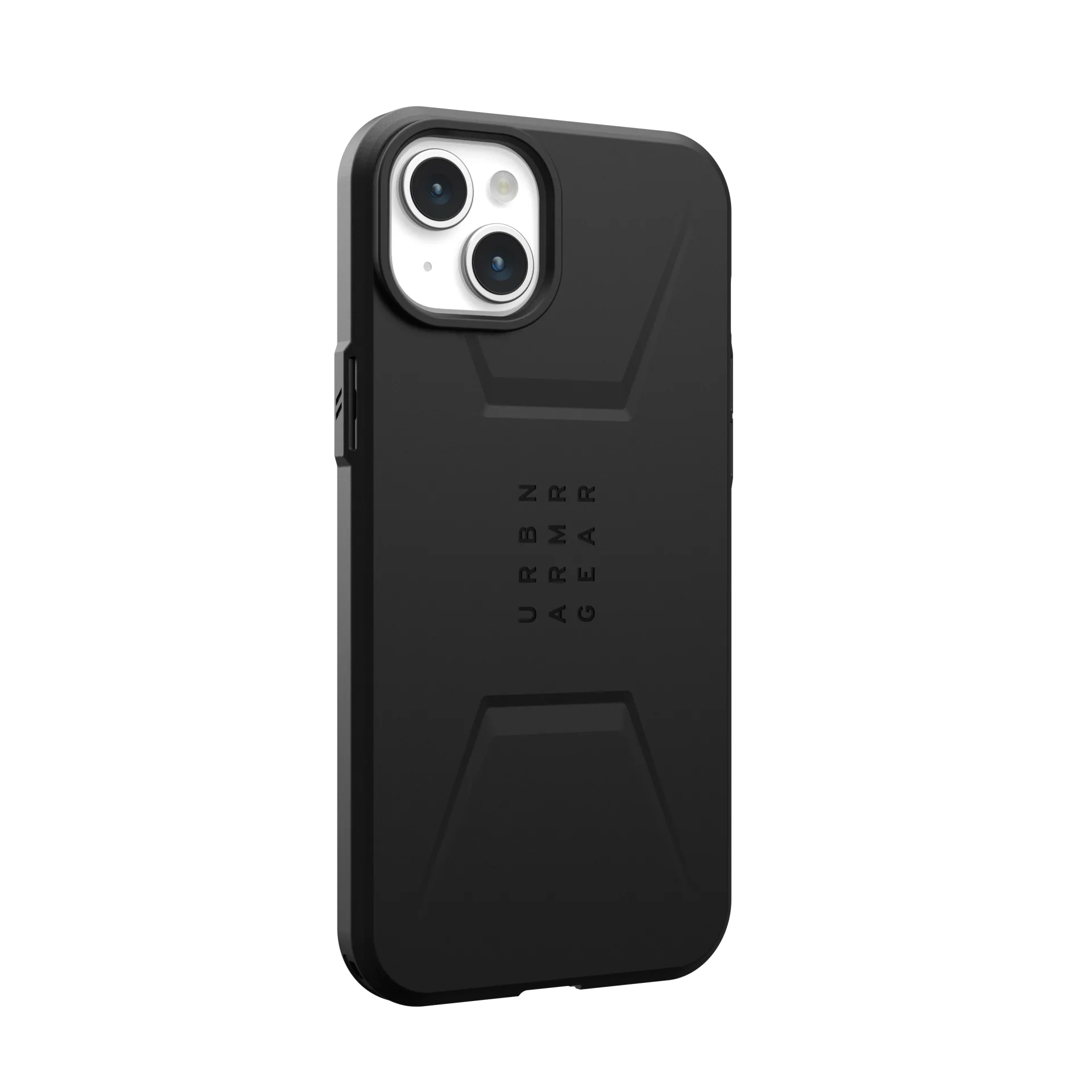 Funda negra para teléfono con recorte de cámara y logo.