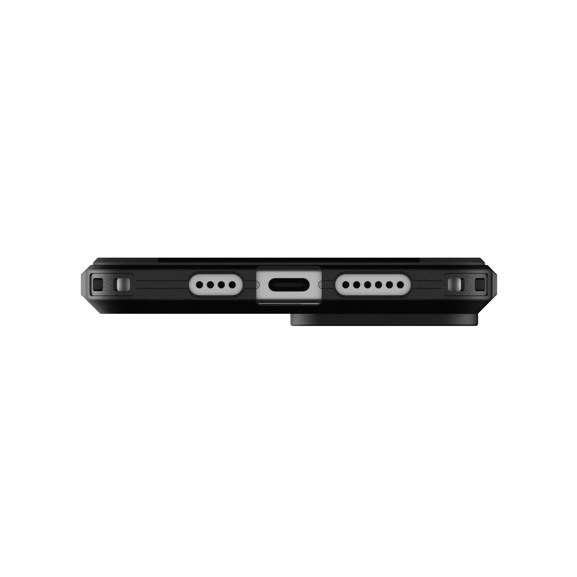 Funda negra para teléfono con puerto de carga y aberturas.