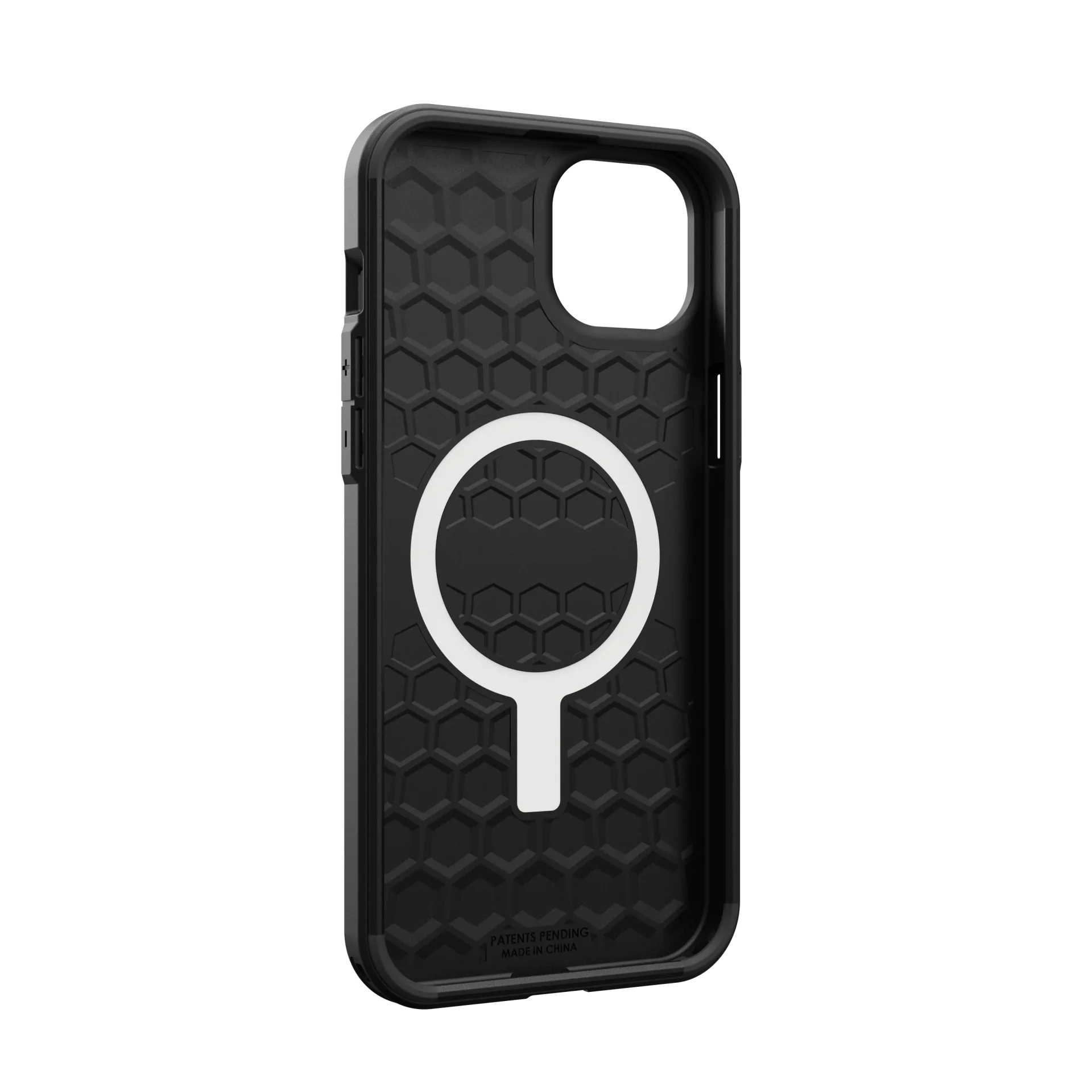 Funda de teléfono negra con patrón de panal y círculo blanco.