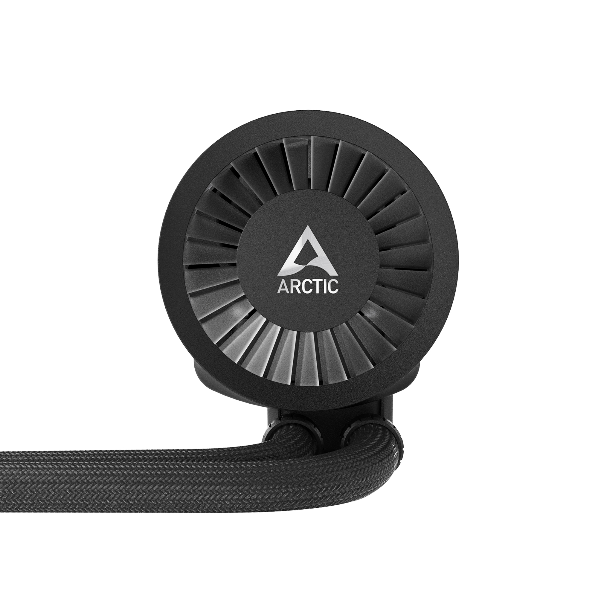 Schwarzer Lüfter mit ARCTIC-Logo und umflochtenem Schlauch.