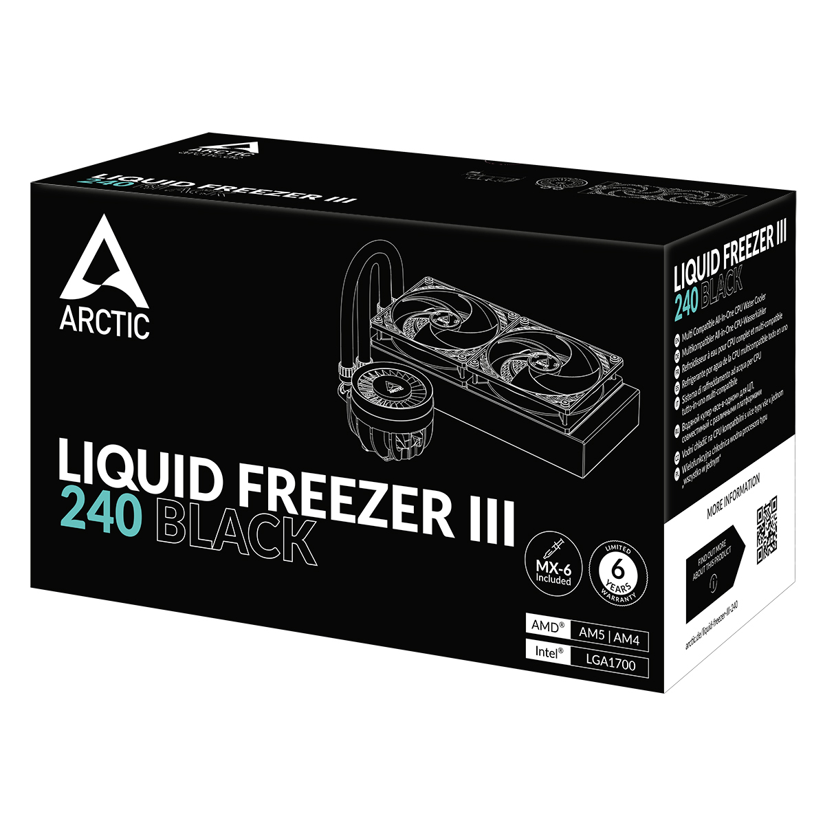 Verpackung des Arctic Liquid Freezer III 240 Black CPU-Wasserkühlers mit Lüftern und Pumpe.