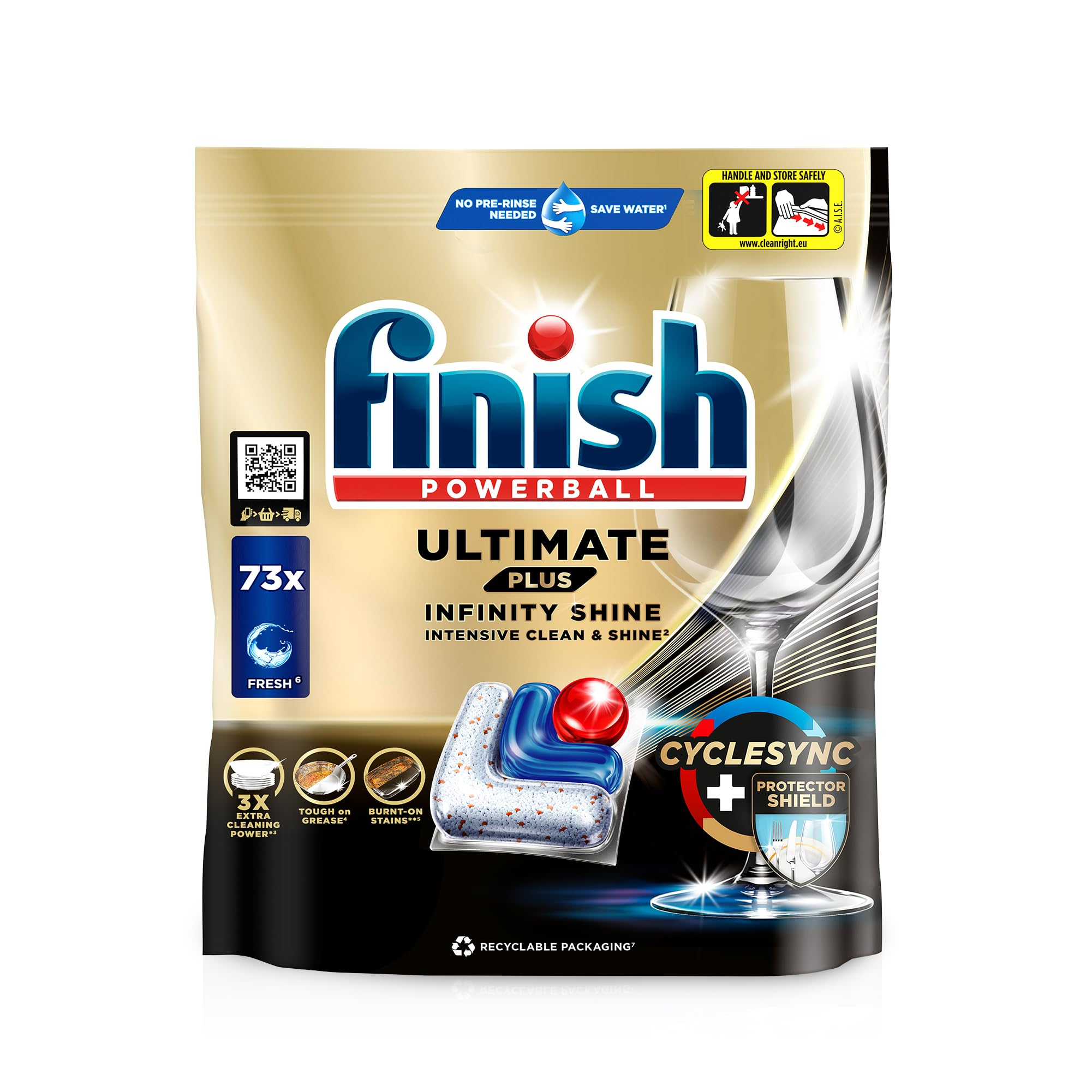Verpackung von Finish Powerball Ultimate Plus Spülmaschinentabs mit Gläsern und Tabs.
