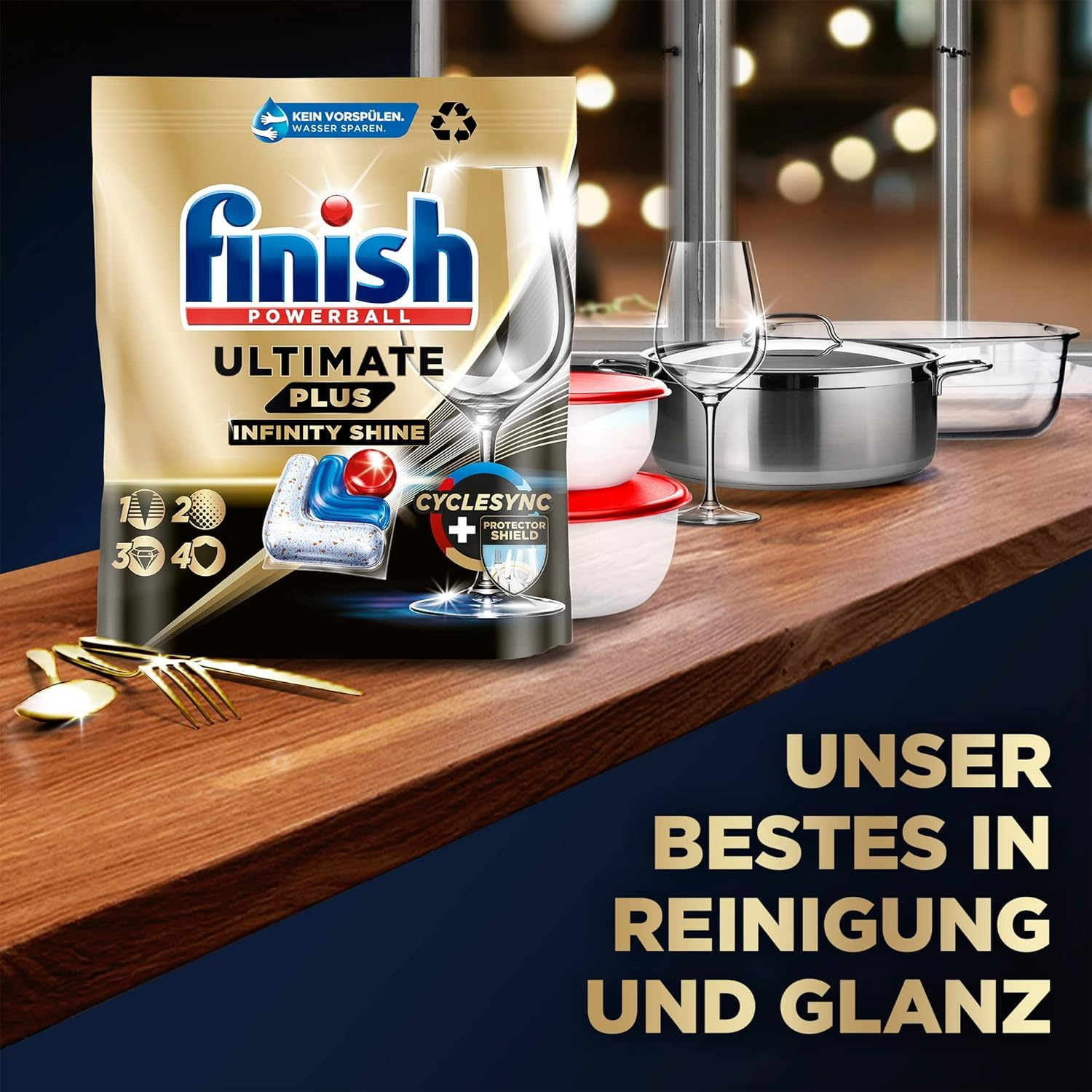 Finish Powerball Reinigerpackung mit Gläsern, Töpfen und Besteck.