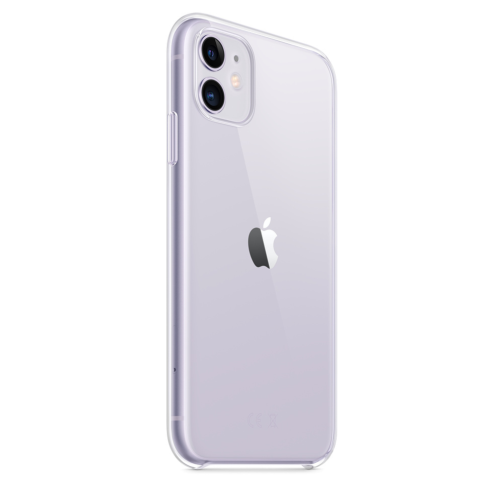 Eine durchsichtige Hülle bedeckt ein lavendelfarbenes iPhone 11 mit zwei Kameras.
