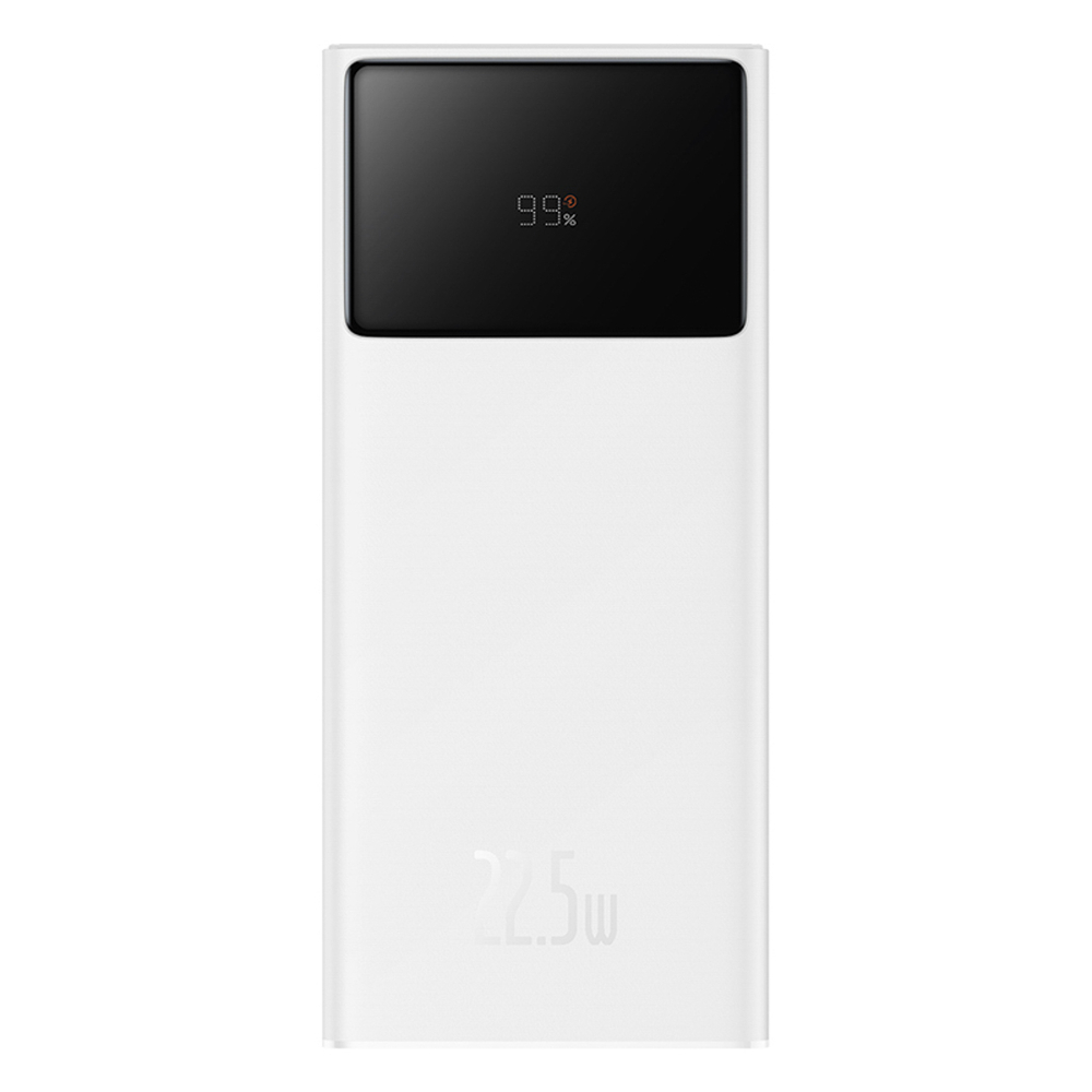 Power bank bianca con schermo nero che mostra il 99% di carica e testo '22.5w'.
