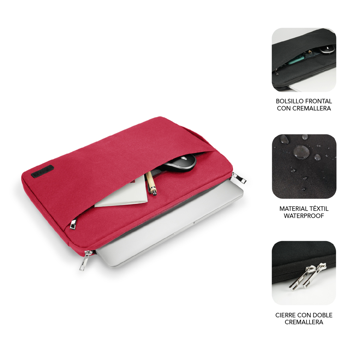 Funda roja para portátil con bolsillo frontal, contiene portátil, ratón y bolígrafo.