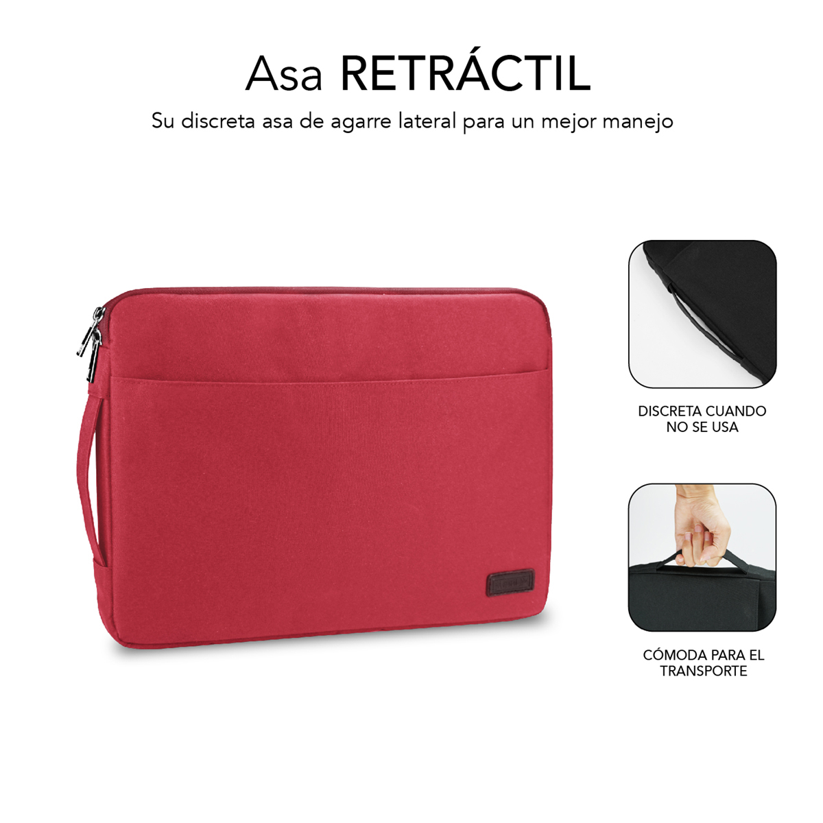 Funda roja para portátil con asa retráctil. Muestra un transporte discreto y cómodo.