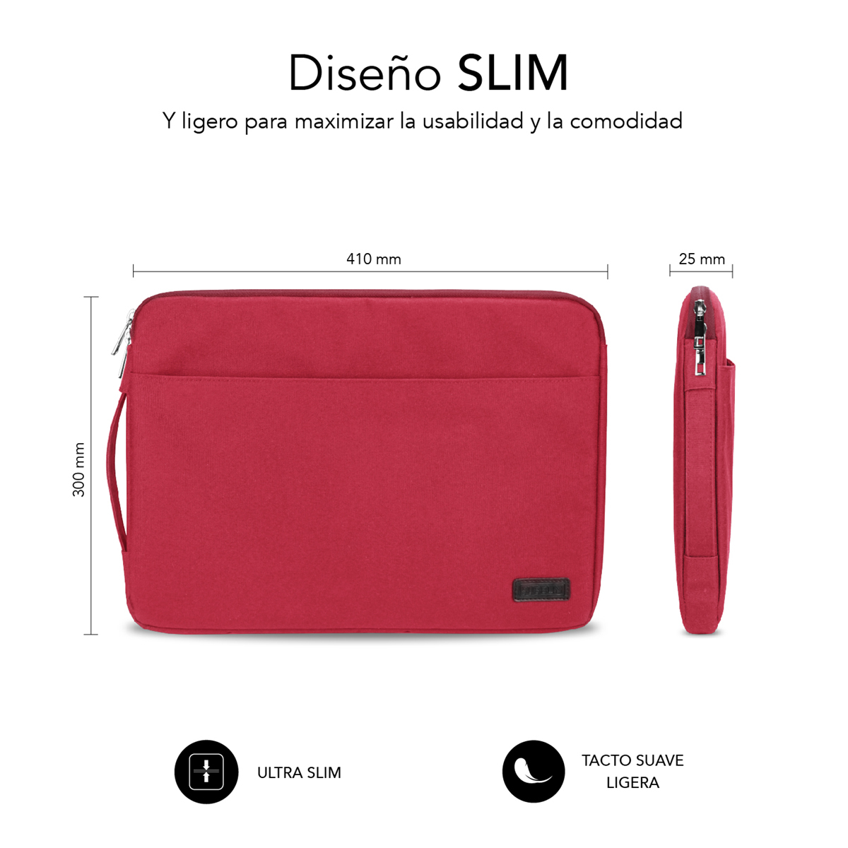 Funda roja para portátil de 410x300x25mm, delgada y ligera.