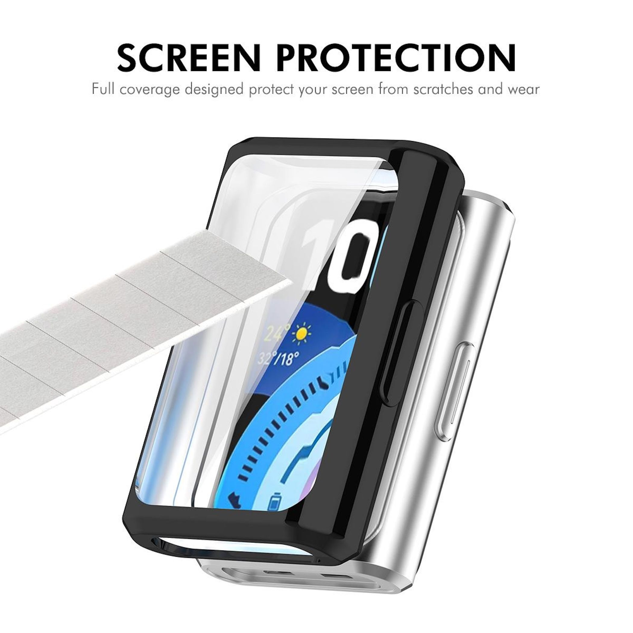 Ein schwarzes Handycover schützt ein silbernes Handy. Ein Teil des Bildschirms ist sichtbar.