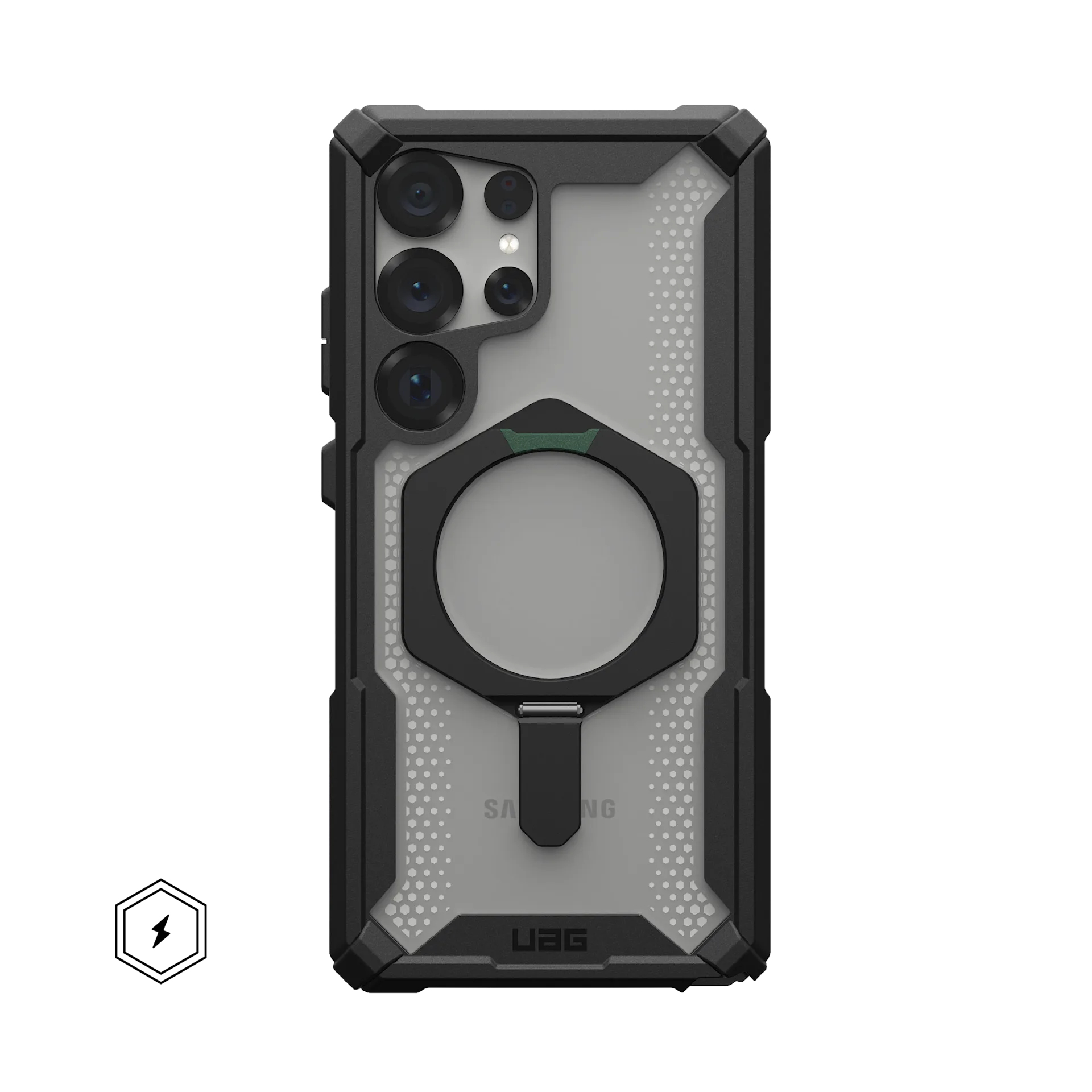 Funda negra para teléfono con patrón plateado, cámara, anillo y logo.