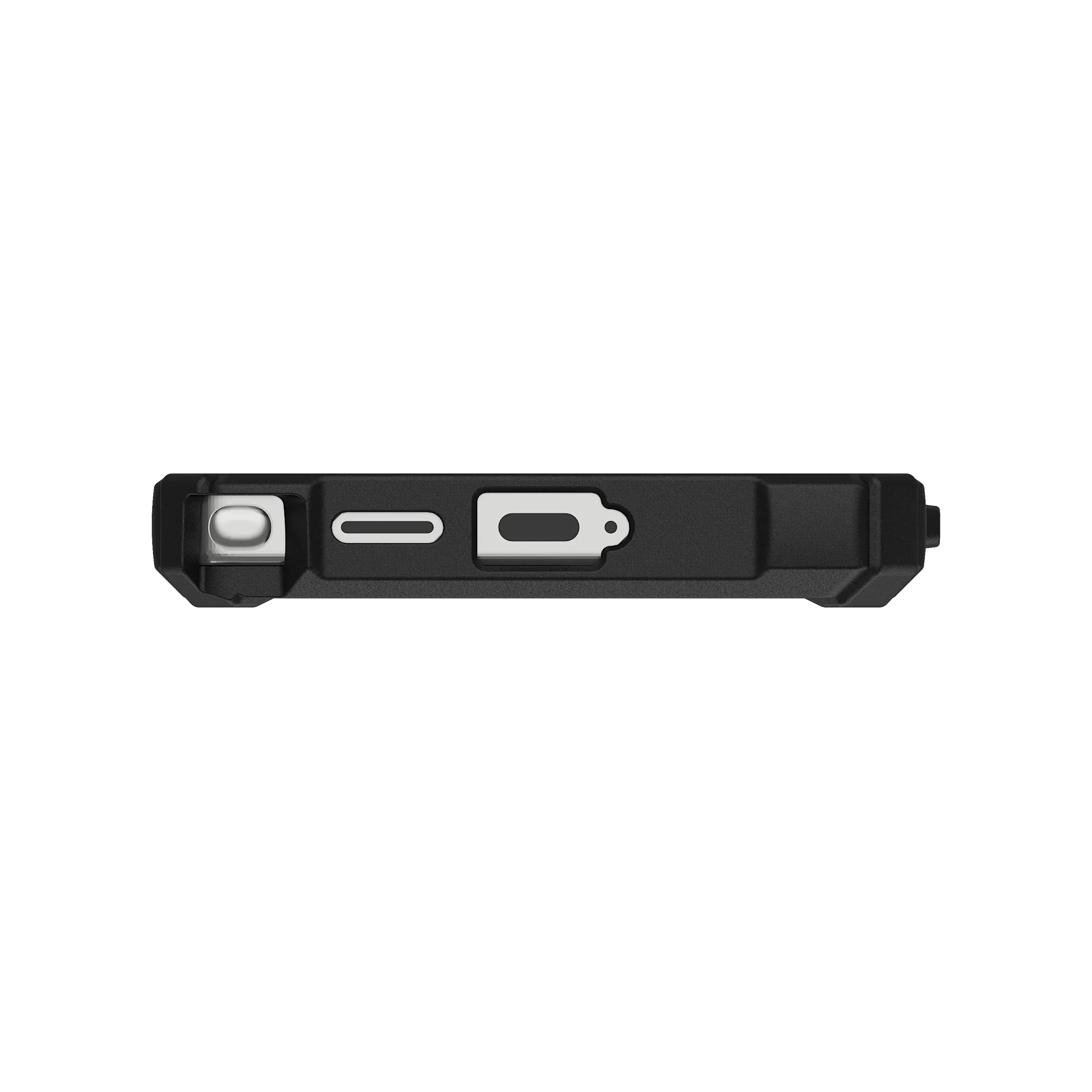 Perfil de funda de teléfono negra con botones y puertos.