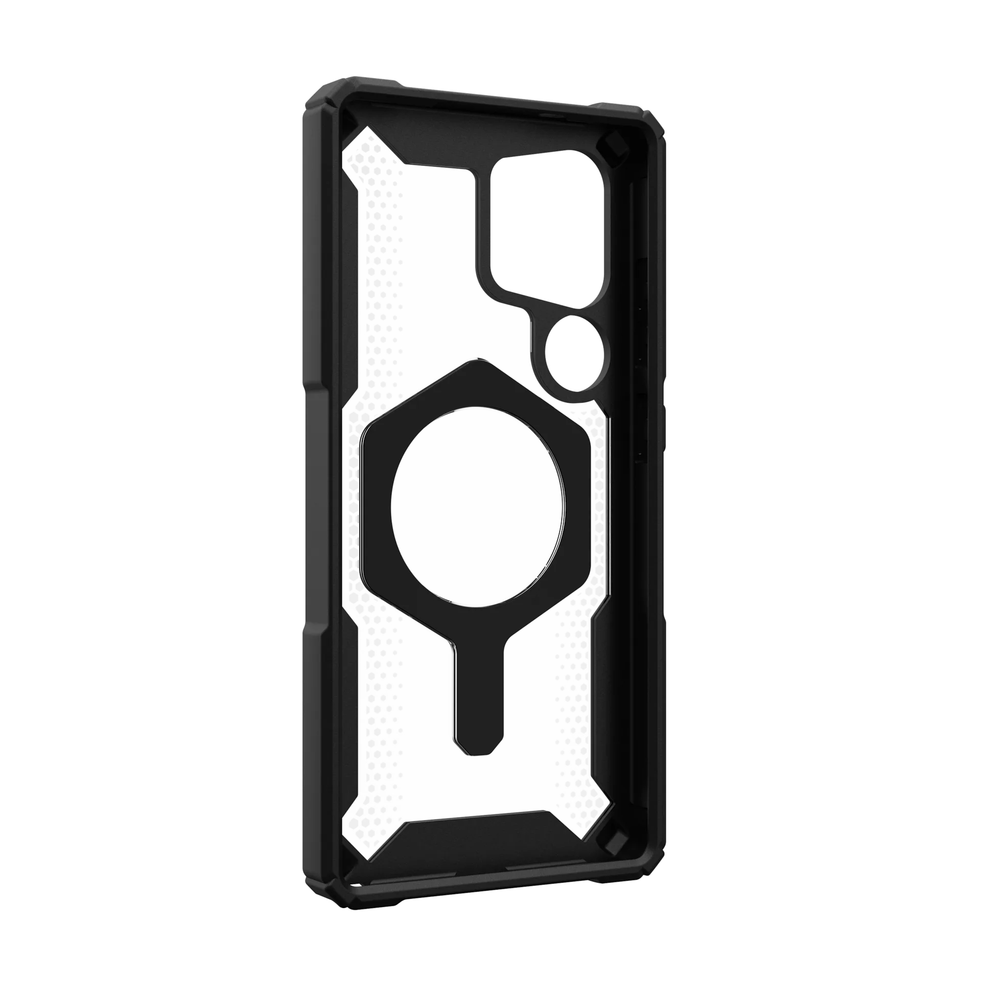 Funda de teléfono negra con recorte hexagonal y área de cámara.