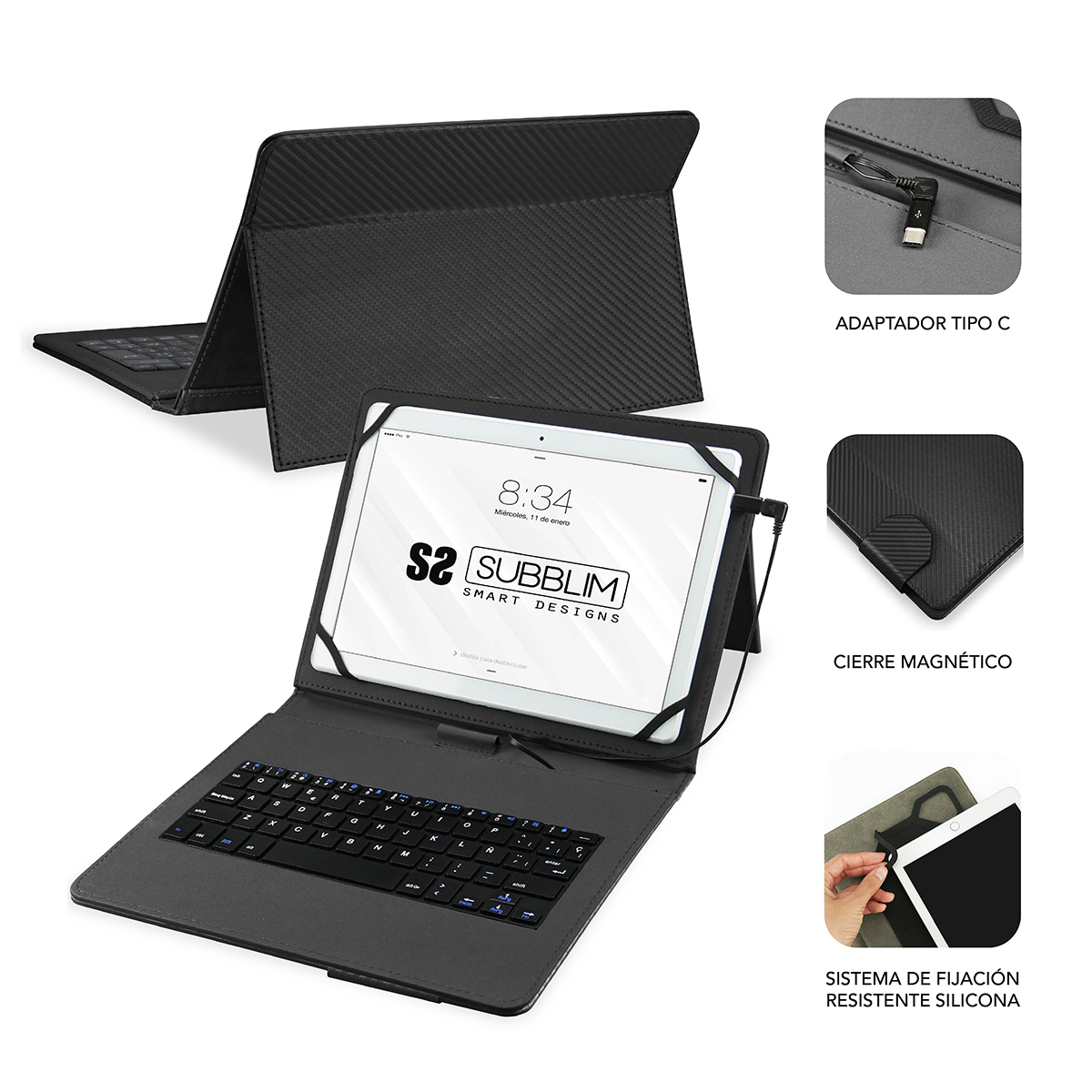 Funda negra para tableta con teclado, abierta y mostrando una tableta.