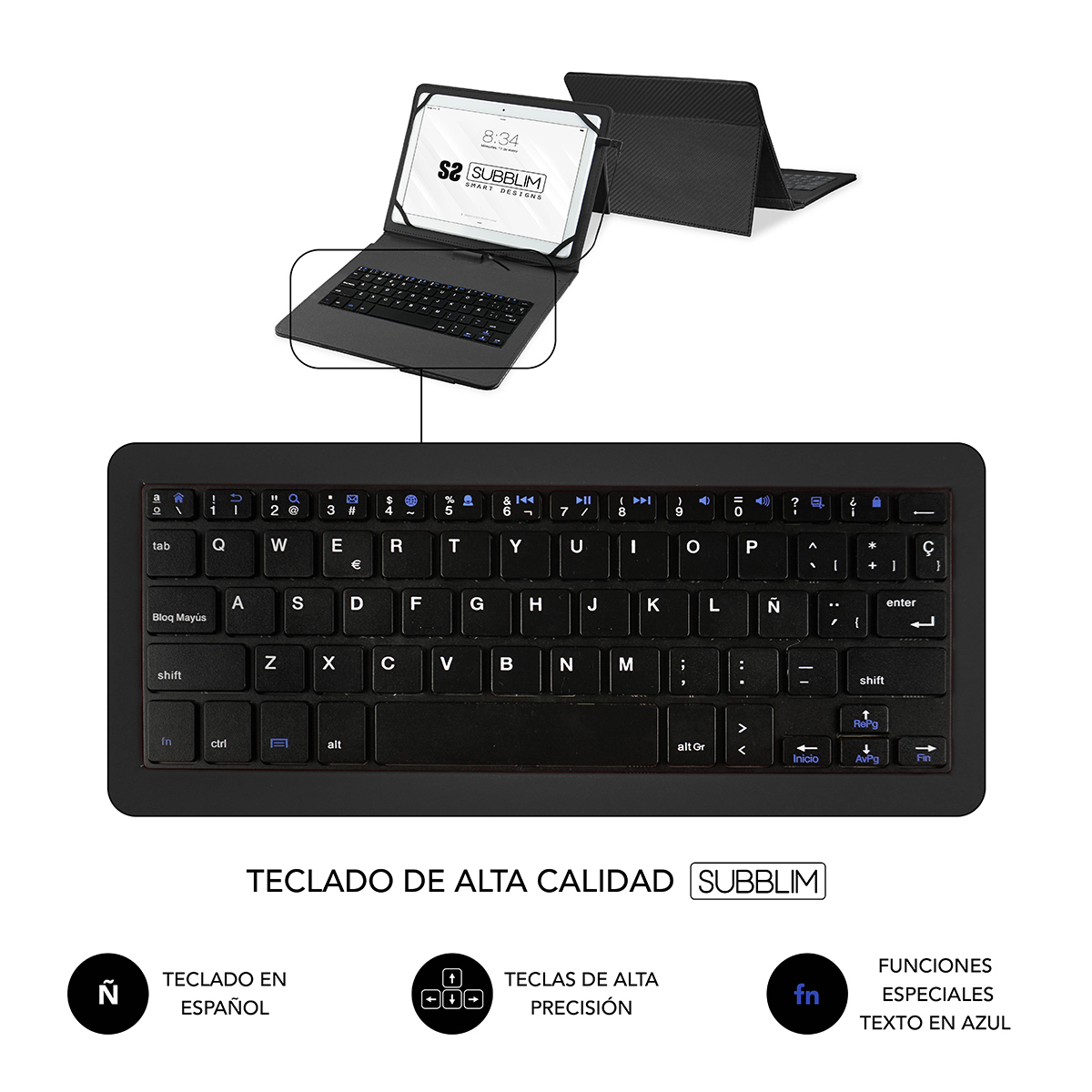 Teclado negro con tablet y funda. Enfoque en el teclado con distribución española.