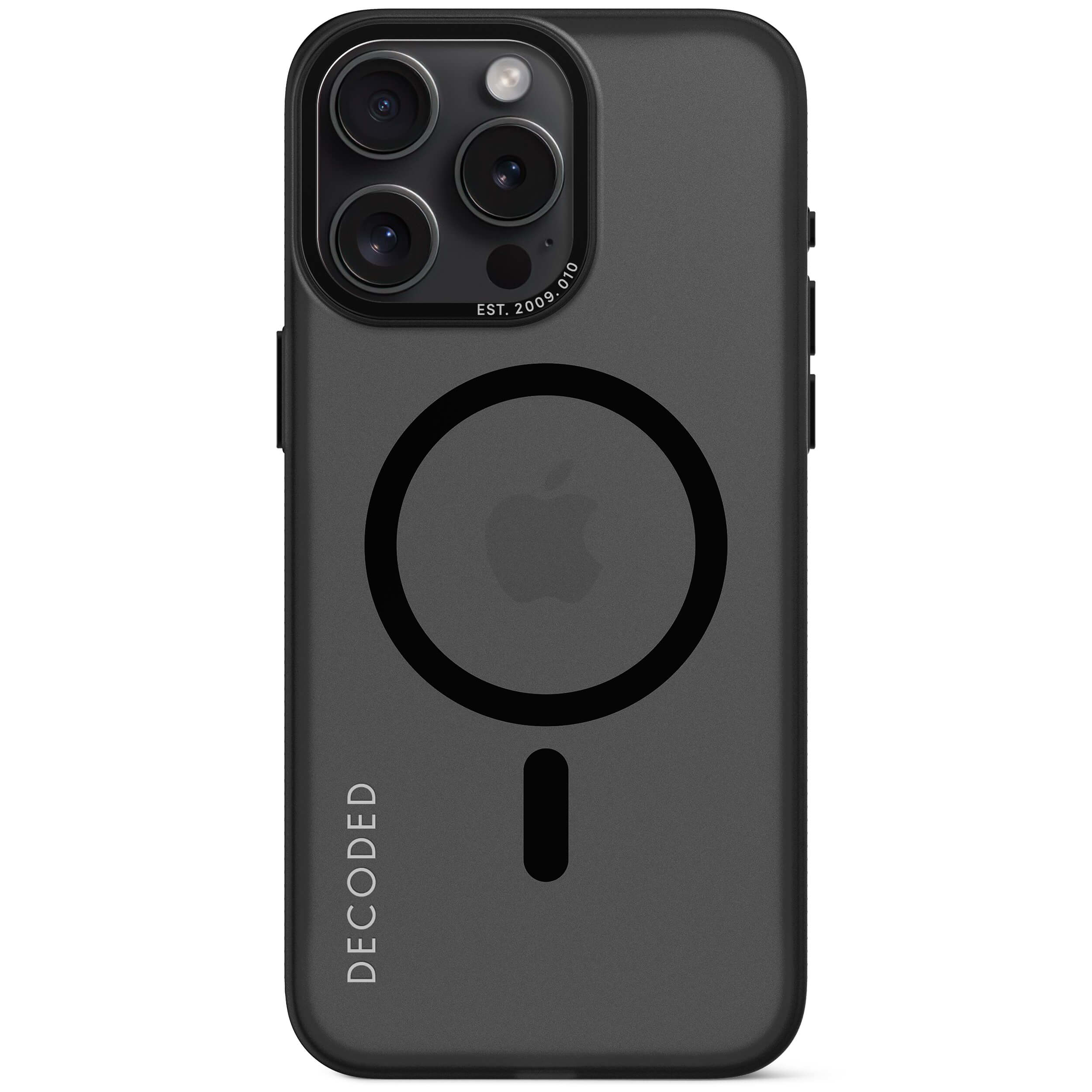 Custodia grigia scuro con anello MagSafe e tre obiettivi della fotocamera.