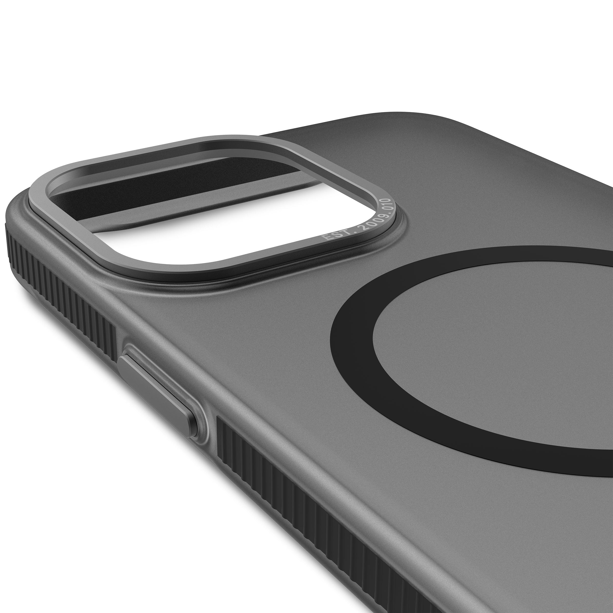Custodia grigia per telefono con cerchio magnetico e bordo scanalato.