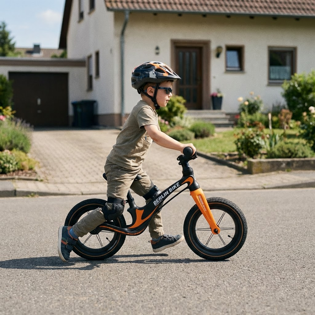 Junge mit Helm fährt orange-schwarzes Laufrad auf asphaltierter Straße vor Haus.