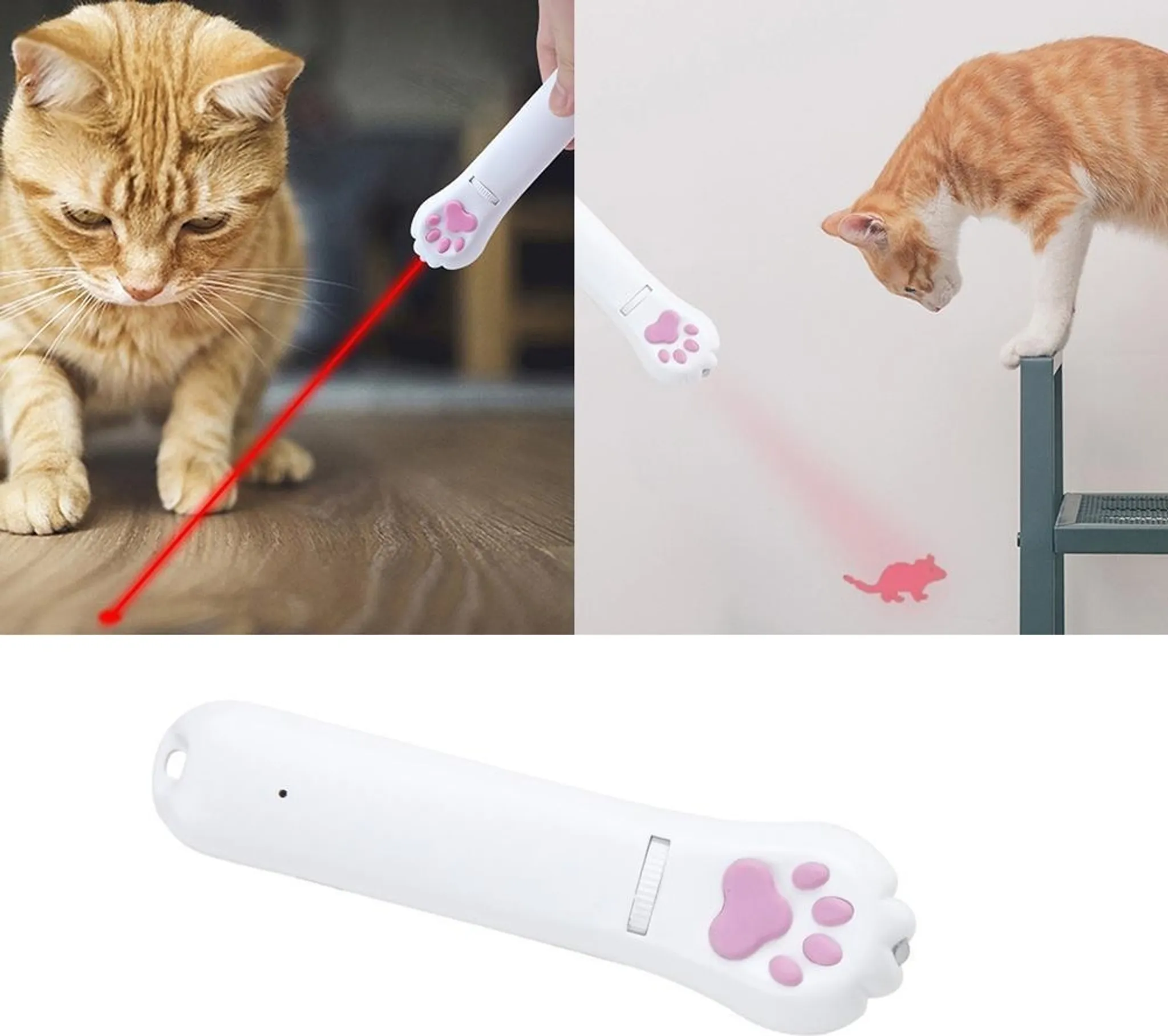 Orange getigerte Katze jagt roten Laserpunkt. Weißes Spielzeug in Pfotenform.