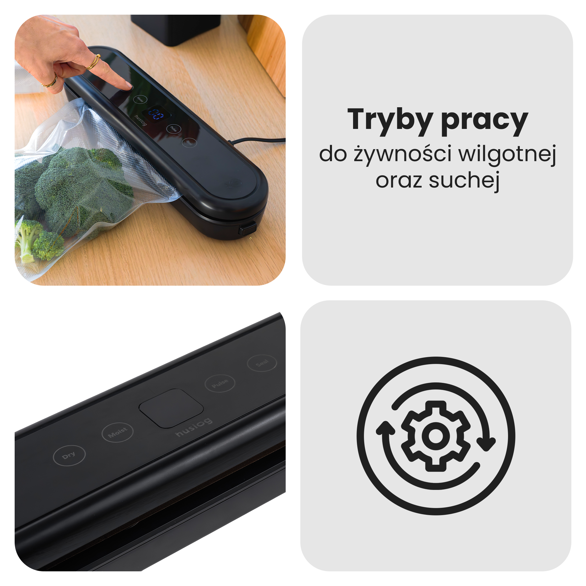 Zgrzewarka próżniowa z brokułami w worku i przyciskami sterującymi.