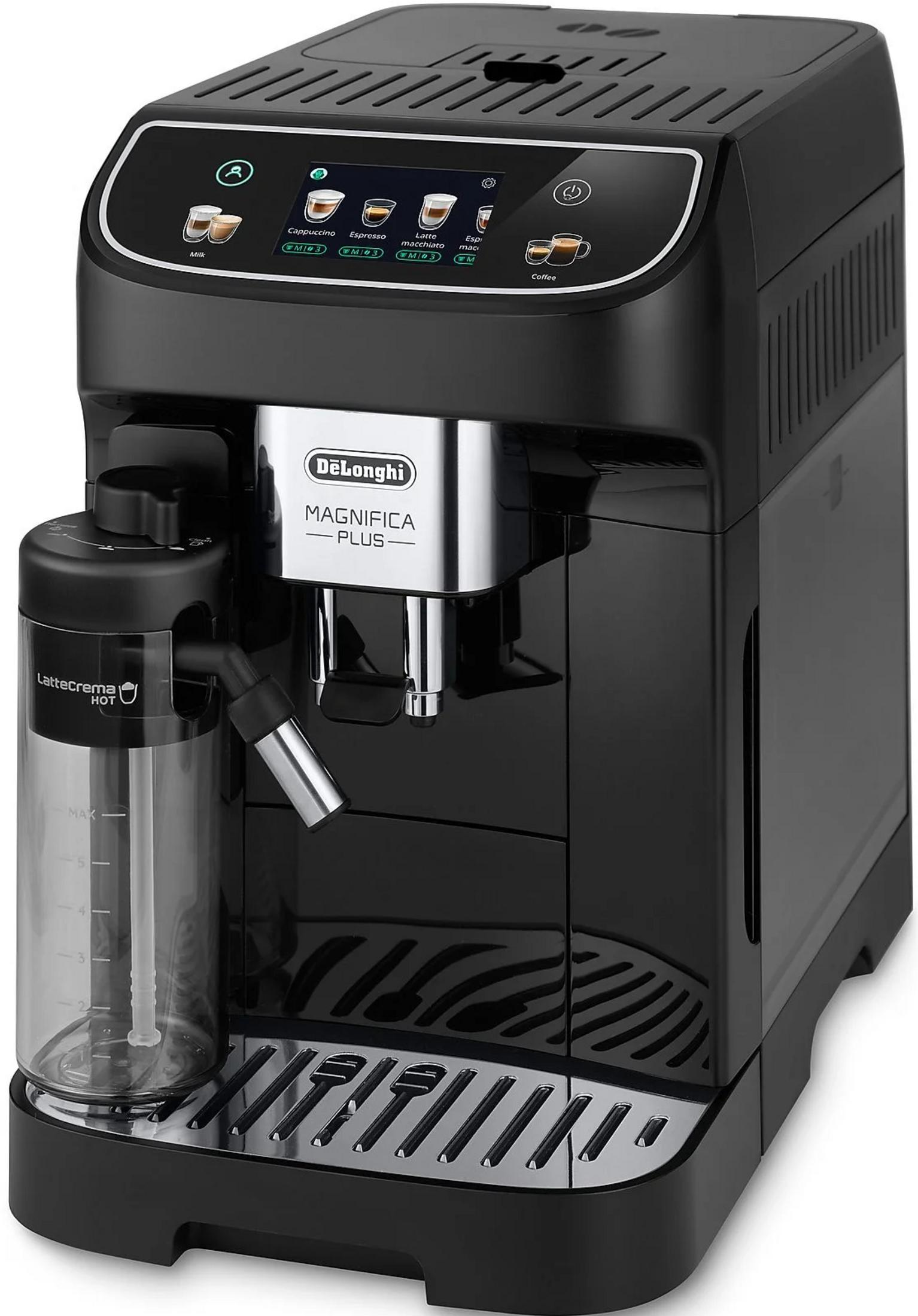 Macchina da caffè DeLonghi Magnifica Plus nera con caraffa latte e touchscreen.