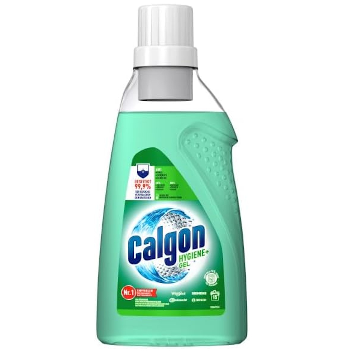 Eine grüne Flasche Calgon Hygiene+ Gel mit weißem Verschluss und Etikett.