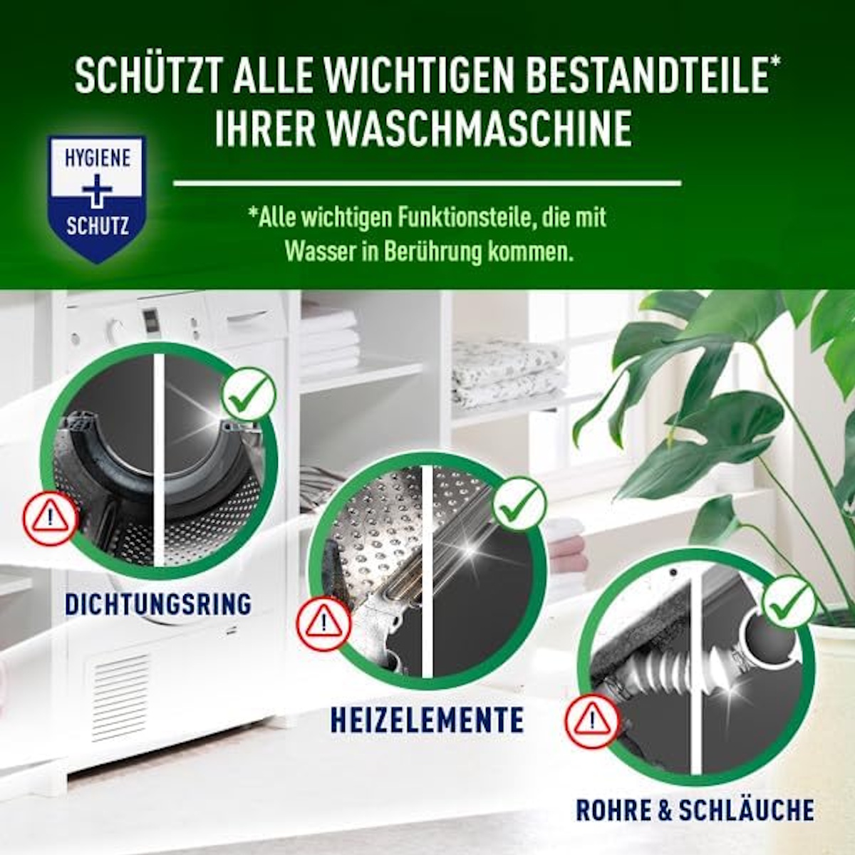 Waschmaschine: Dichtungsring, Heizelemente, Rohre & Schläuche mit Hygiene-Schutz.